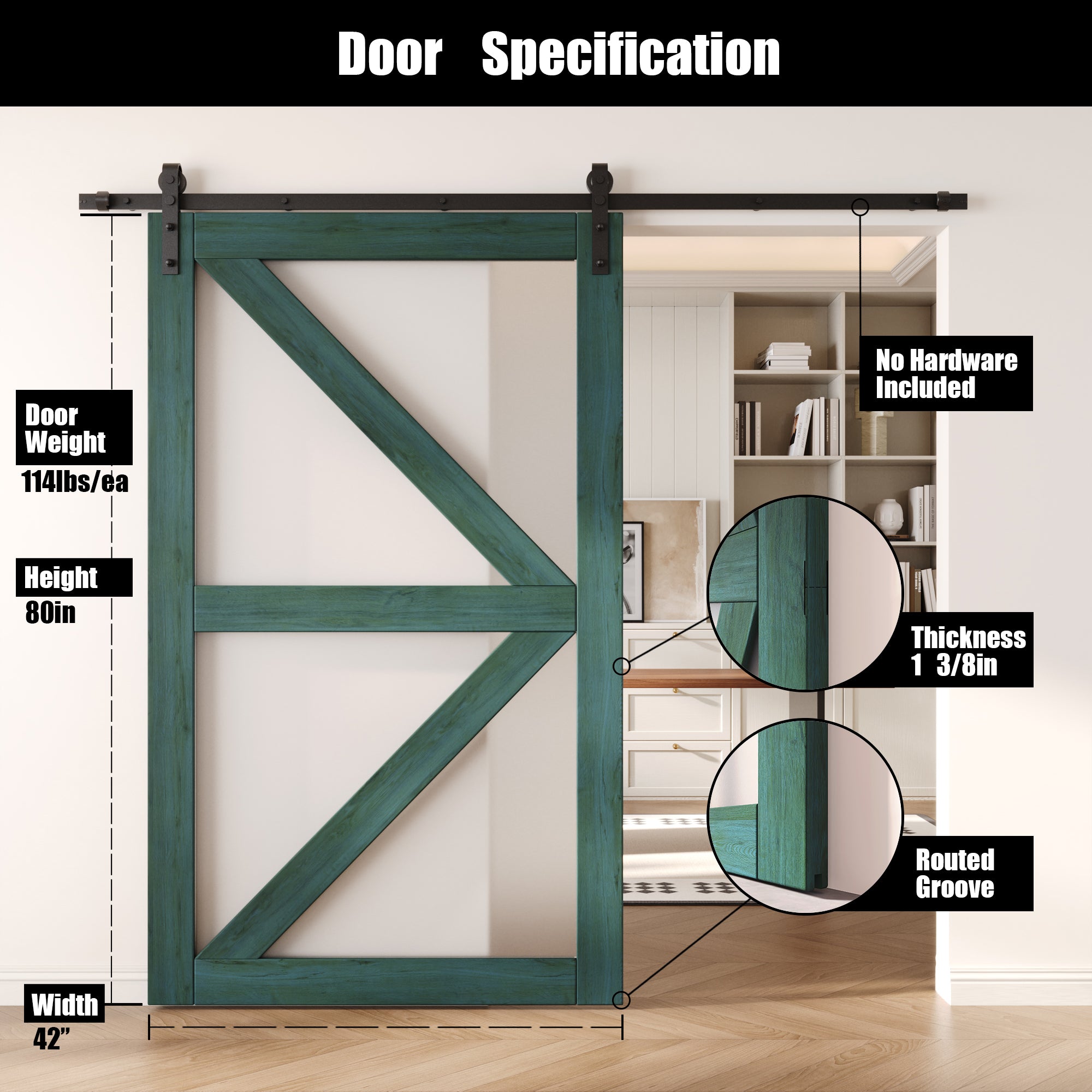 80" Height Royal Pine Frosted Glass Arrow Design Unassembled & Finished Pine Wood Barn Door (Interior Use Only)