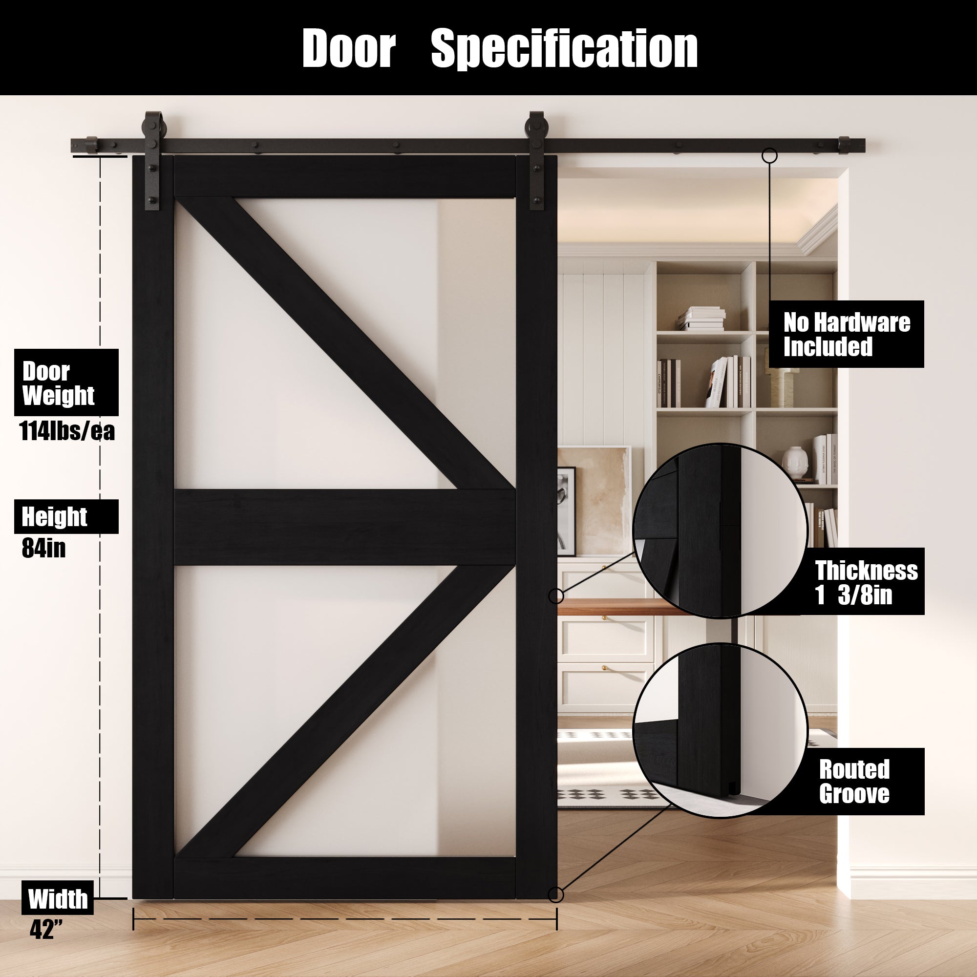 84" Height Black Frosted Glass Arrow Design Unassembled & Finished Pine Wood Barn Door (Interior Use Only)