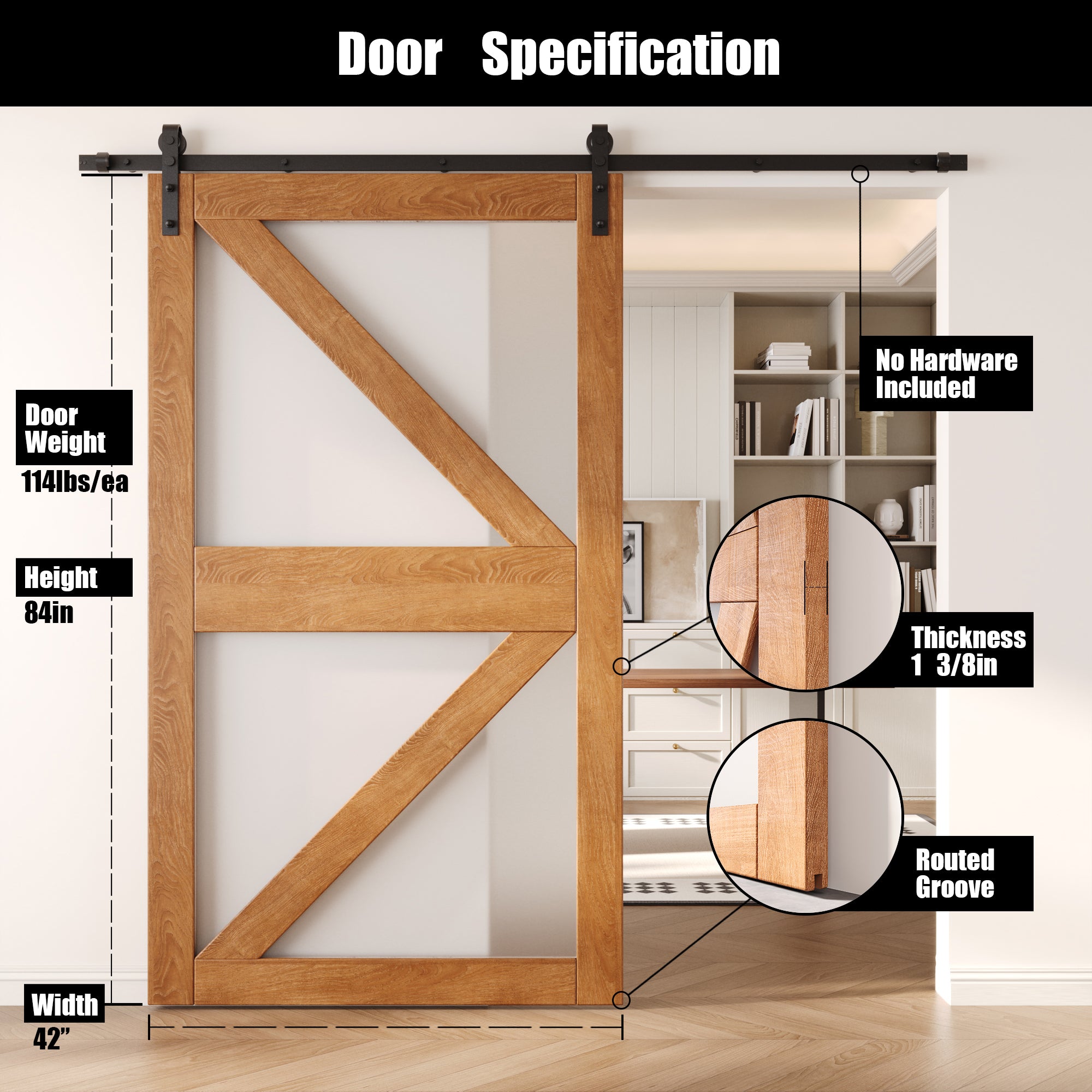 84" Height Early American Frosted Glass Arrow Design Unassembled & Finished Pine Wood Barn Door (Interior Use Only)