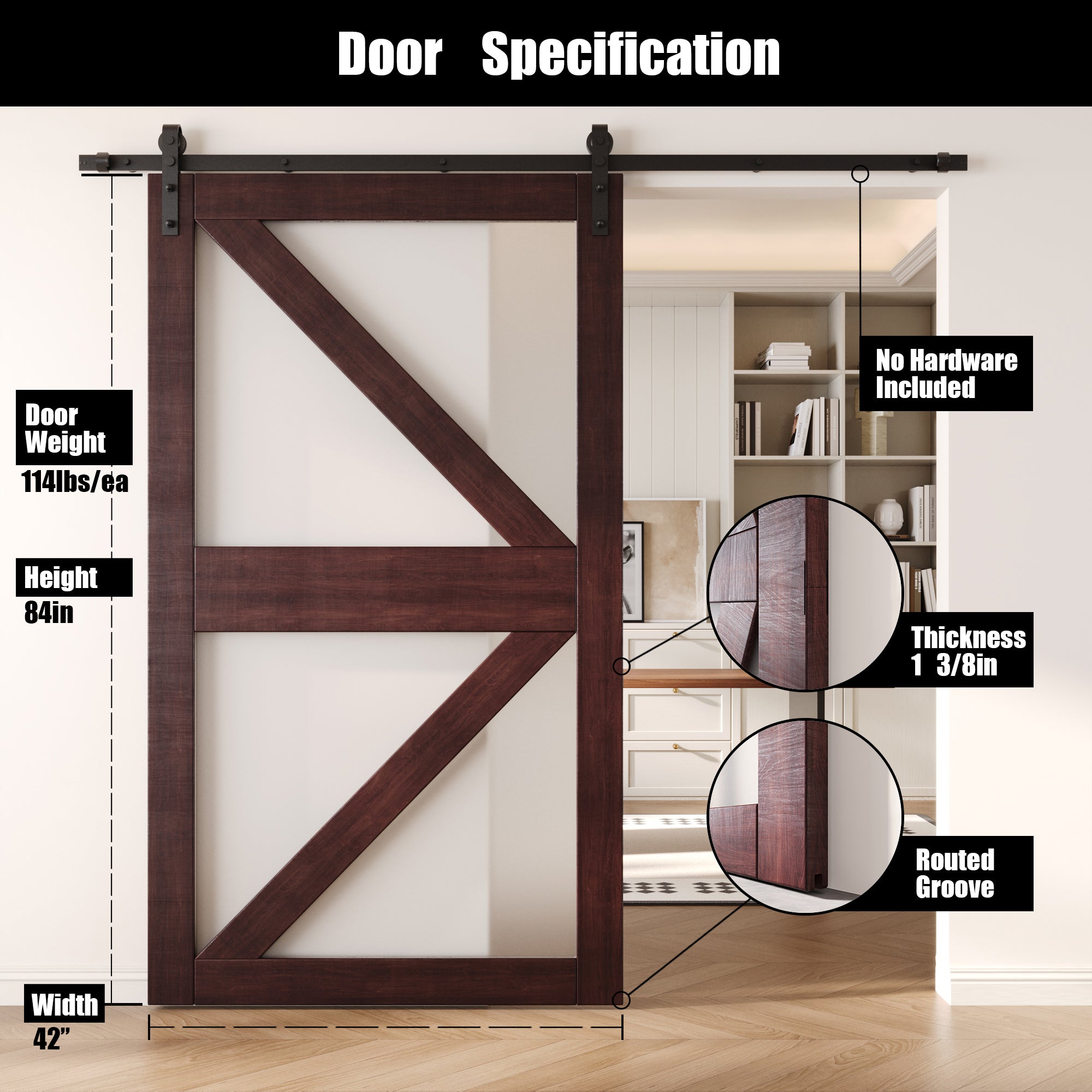 84" Height Red Mahogany Frosted Glass Arrow Design Unassembled & Finished Pine Wood Barn Door (Interior Use Only)
