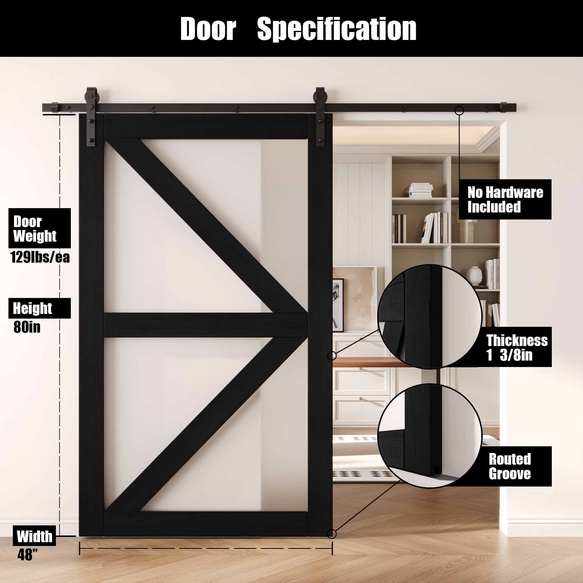 80" Height Black Frosted Glass Arrow Design Unassembled & Finished Pine Wood Barn Door (Interior Use Only)