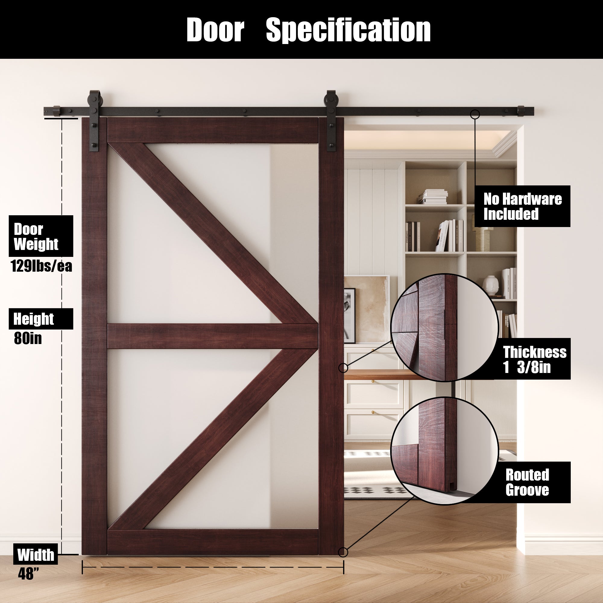 80" Height Red Mahogany Frosted Glass Arrow Design Unassembled & Finished Pine Wood Barn Door (Interior Use Only)