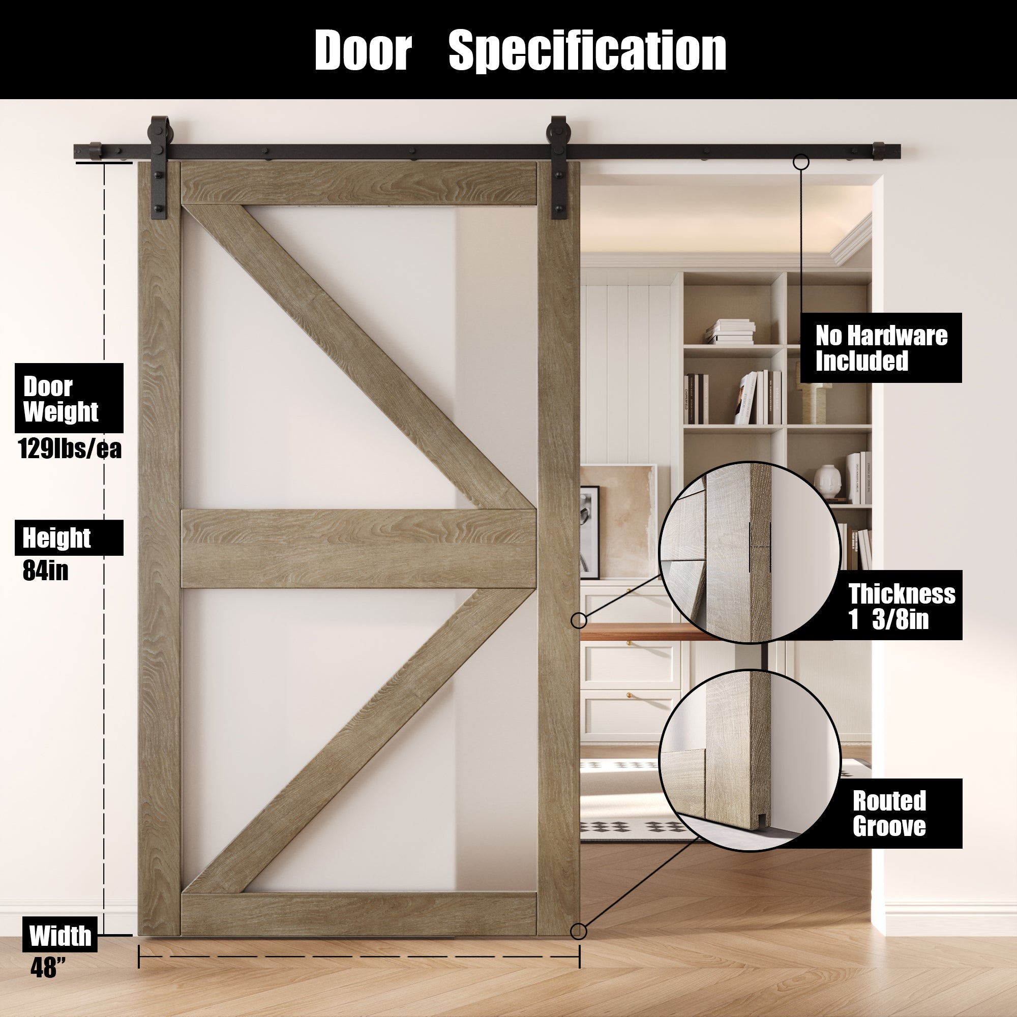 84" Height Classic Gray Frosted Glass Arrow Design Unassembled & Finished Pine Wood Barn Door (Interior Use Only)