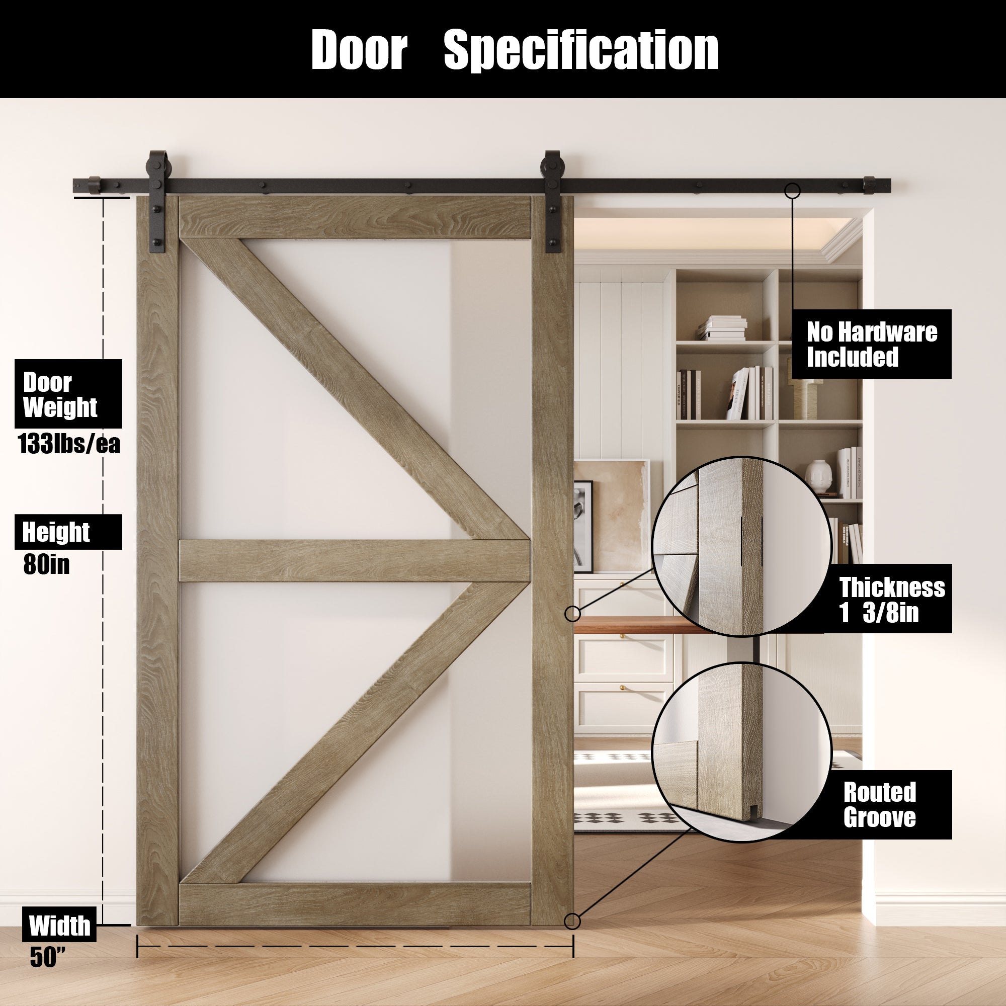 80" Height Classic Gray Frosted Glass Arrow Design Unassembled & Finished Pine Wood Barn Door (Interior Use Only)