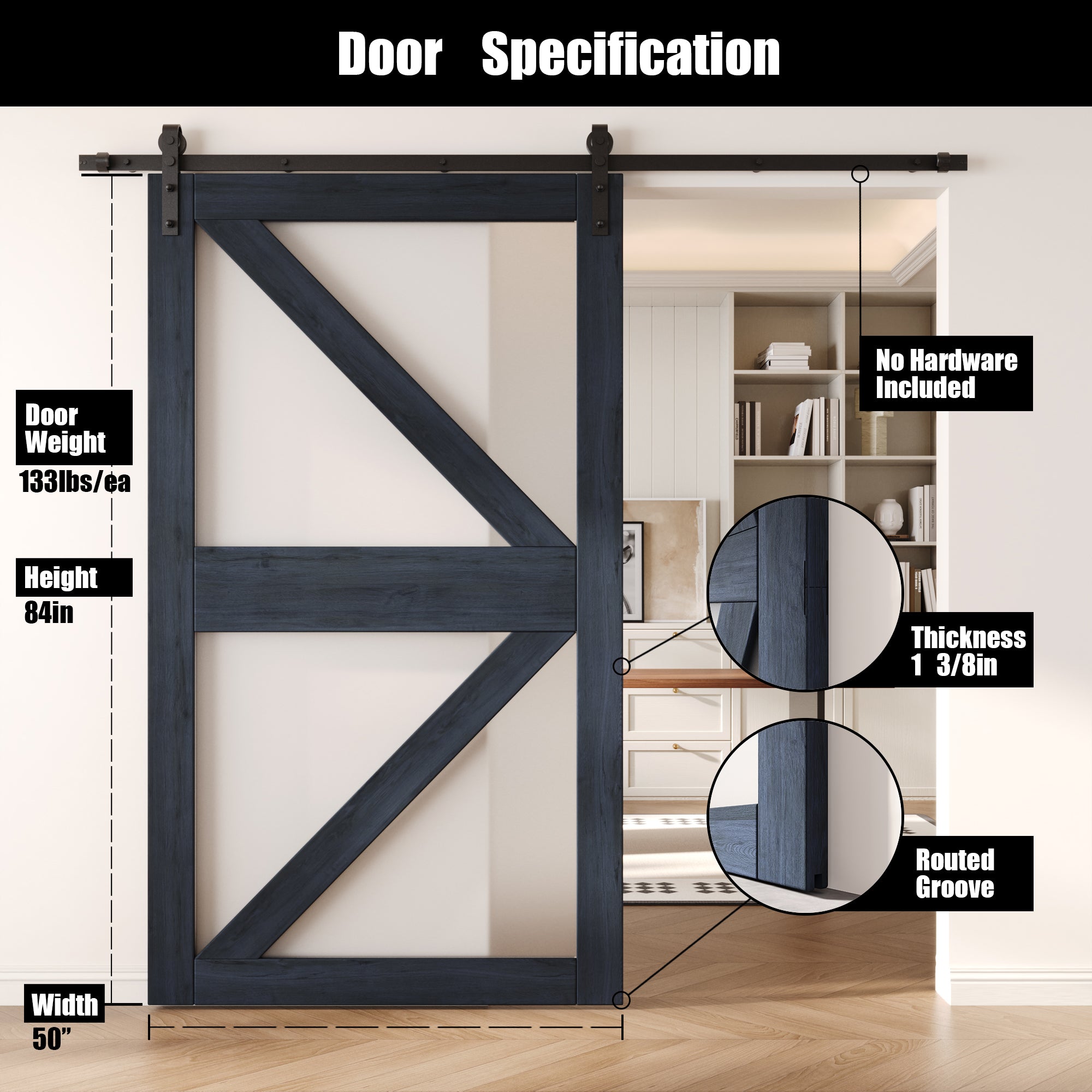 84" Height Navy Frosted Glass Arrow Design Unassembled & Finished Pine Wood Barn Door (Interior Use Only)
