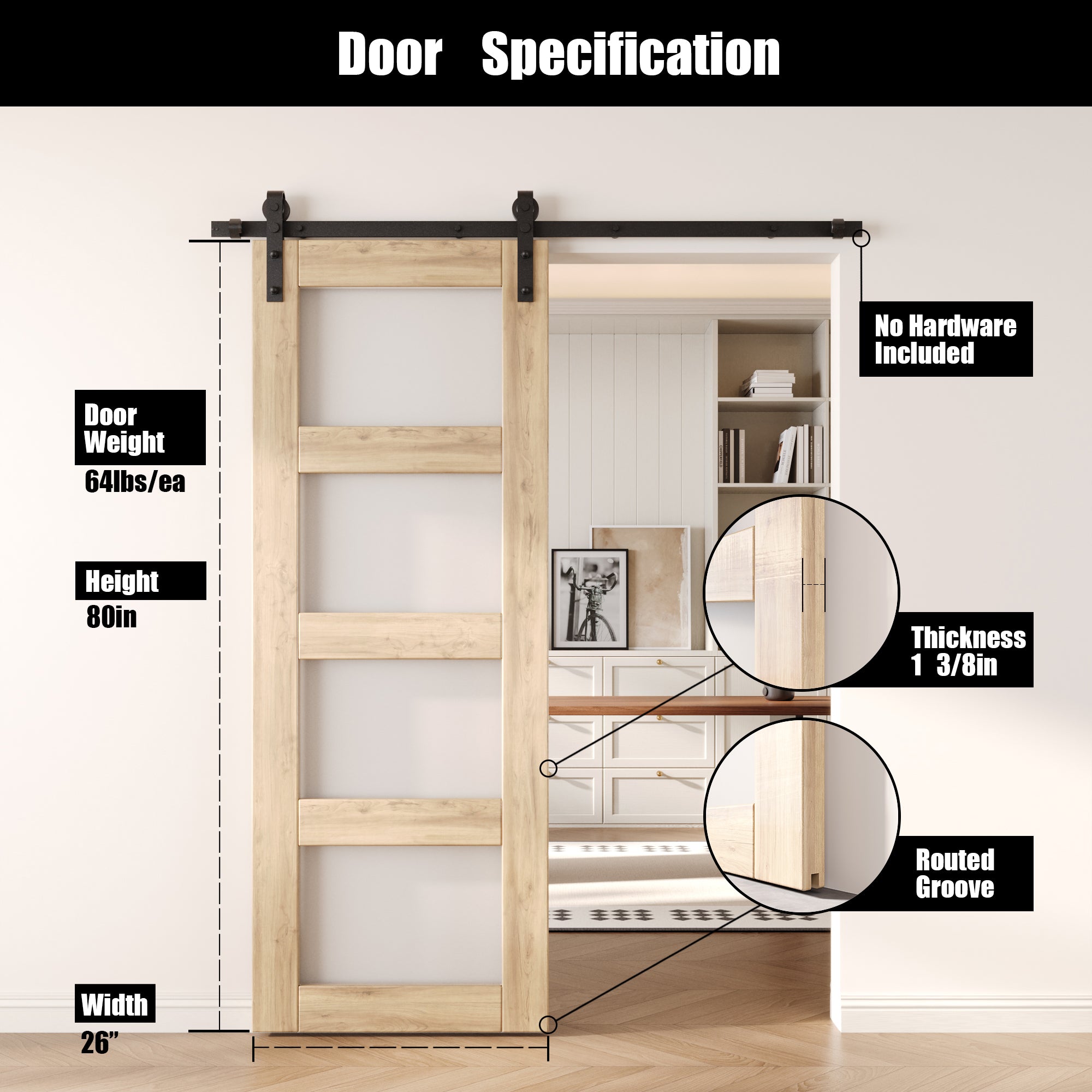 80" Height 4-Lite Frosted Glass Unassembled & Unfinished Pine Wood Barn Door (Interior Use Only)