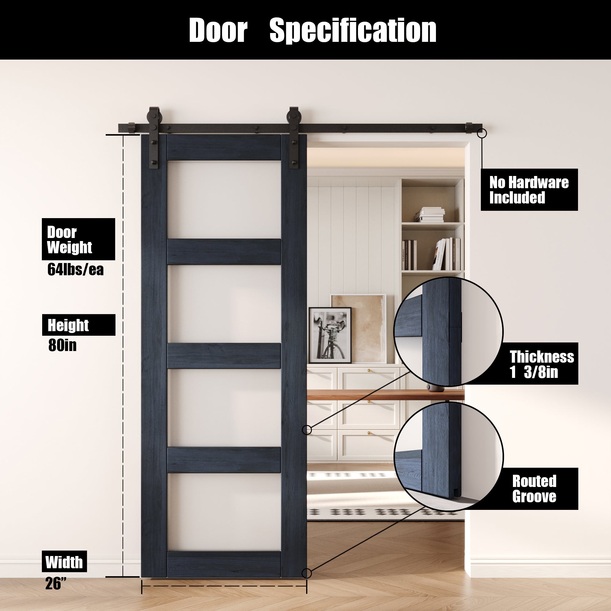 80" Height Navy 4-Lite Frosted Glass Unassembled & Finished Pine Wood Barn Door (Interior Use Only)