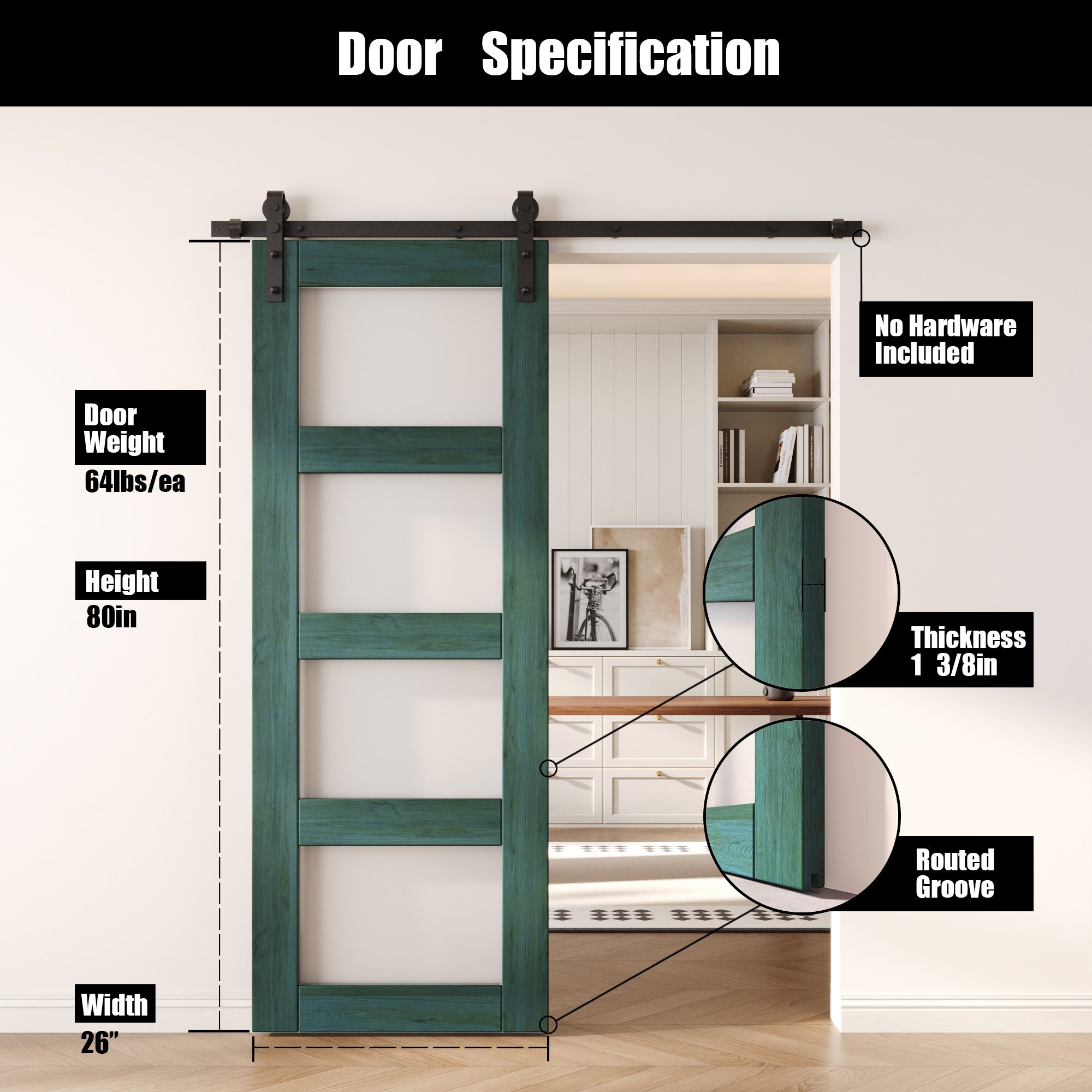 80" Height Royal Pine 4-Lite Frosted Glass Unassembled & Finished Pine Wood Barn Door (Interior Use Only)