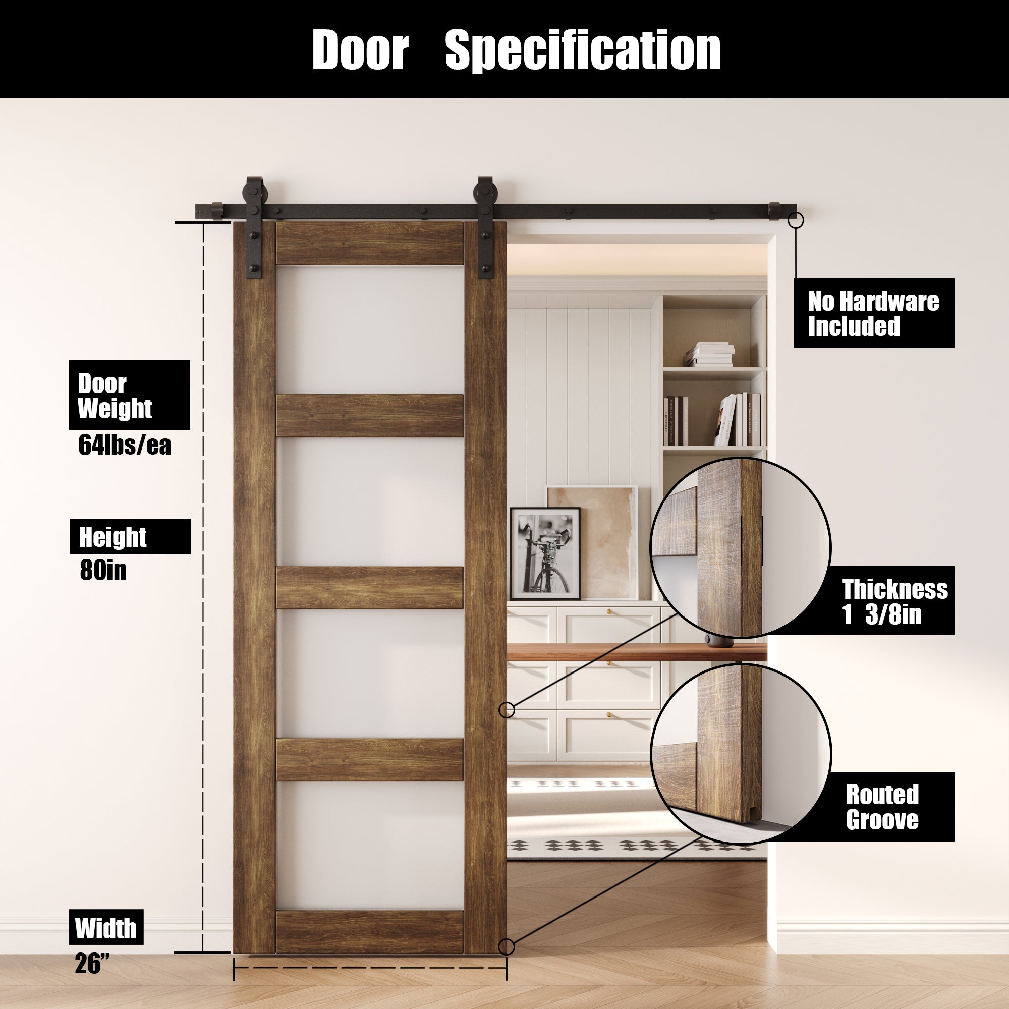 80" Height Dark Walnut 4-Lite Frosted Glass Unassembled & Finished Pine Wood Barn Door (Interior Use Only)