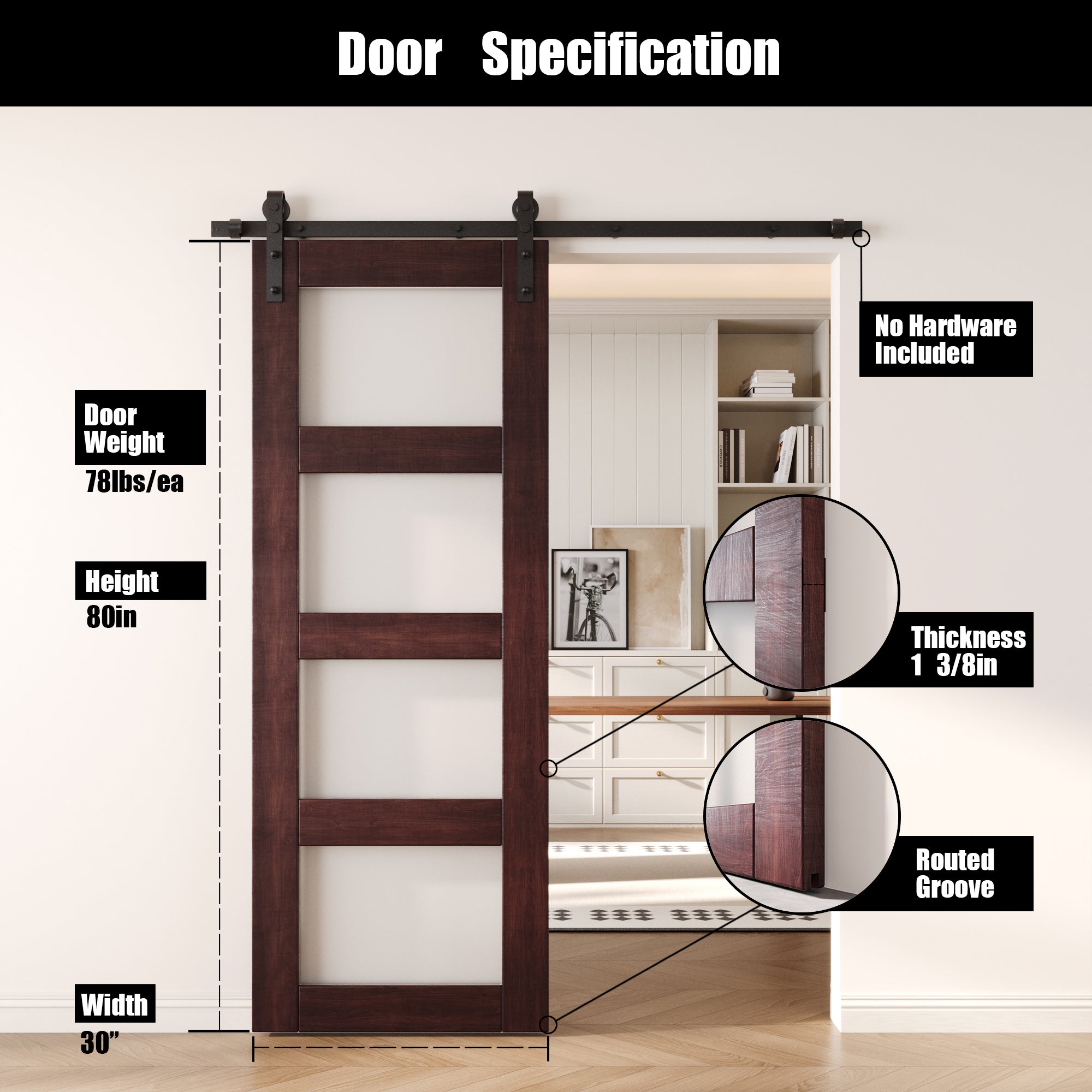 80" Height Red Mahogany 4-Lite Frosted Glass Unassembled & Finished Pine Wood Barn Door (Interior Use Only)