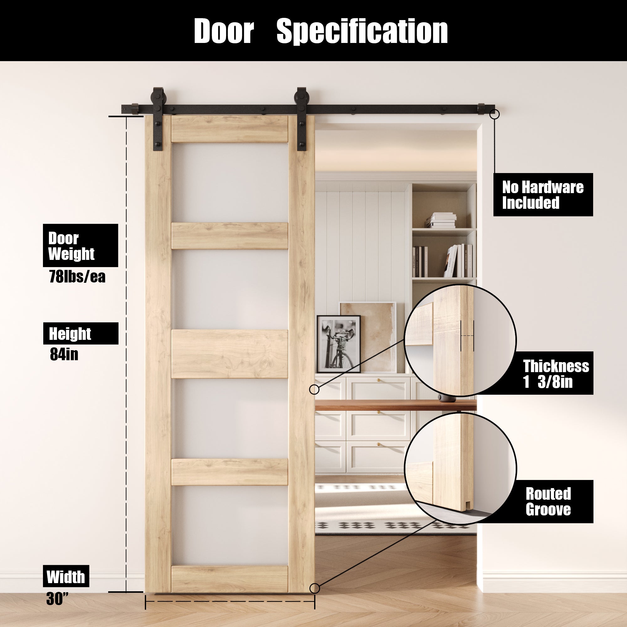 84" Height 4-Lite Frosted Glass Unassembled & Unfinished Pine Wood Barn Door (Interior Use Only)