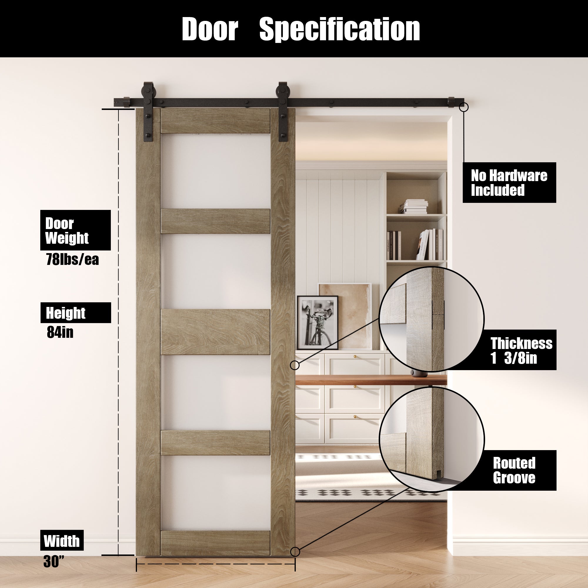84" Height Classic Gray 4-Lite Frosted Glass Unassembled & Finished Pine Wood Barn Door (Interior Use Only)