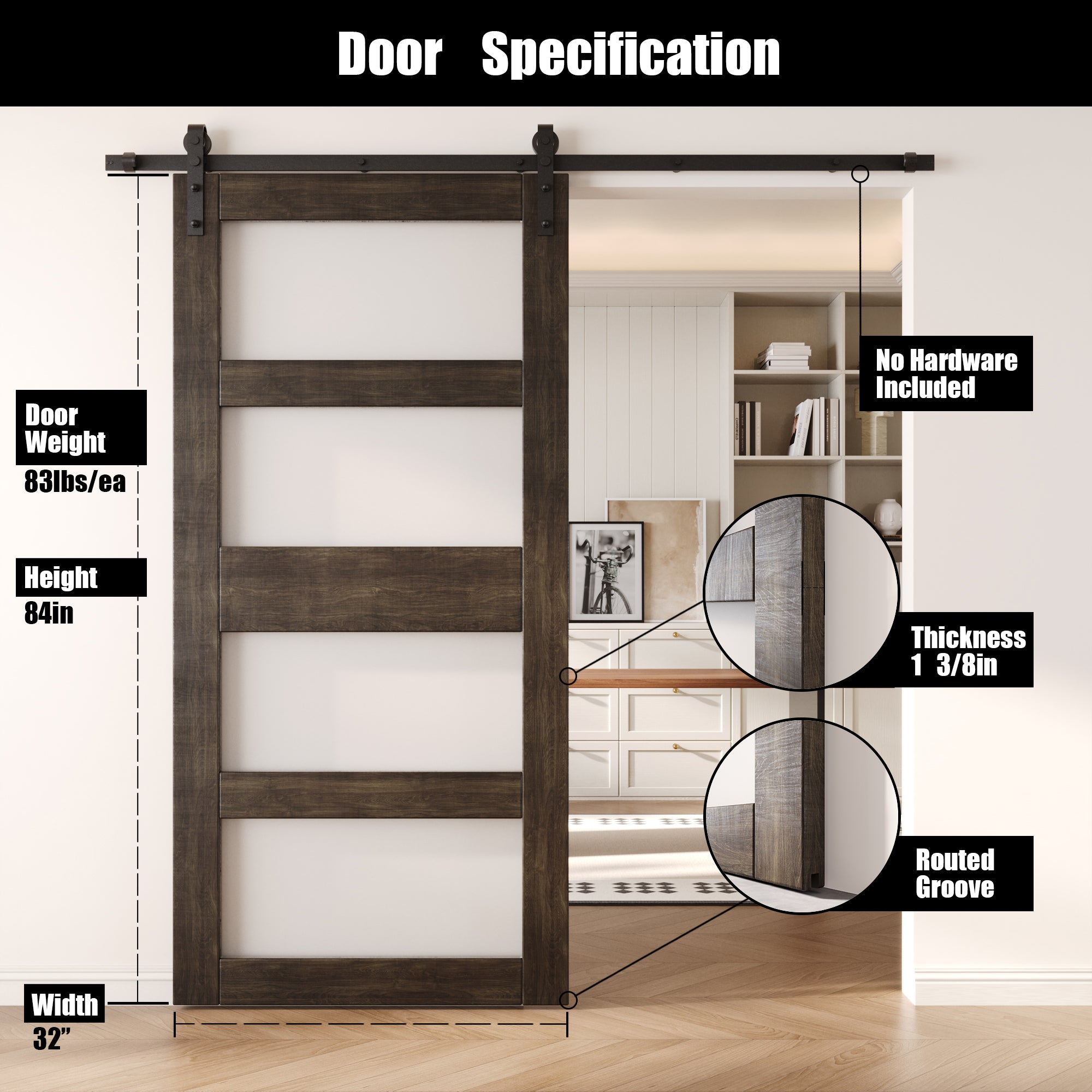 84" Height Ebony 4-Lite Frosted Glass Unassembled & Finished Pine Wood Barn Door (Interior Use Only)
