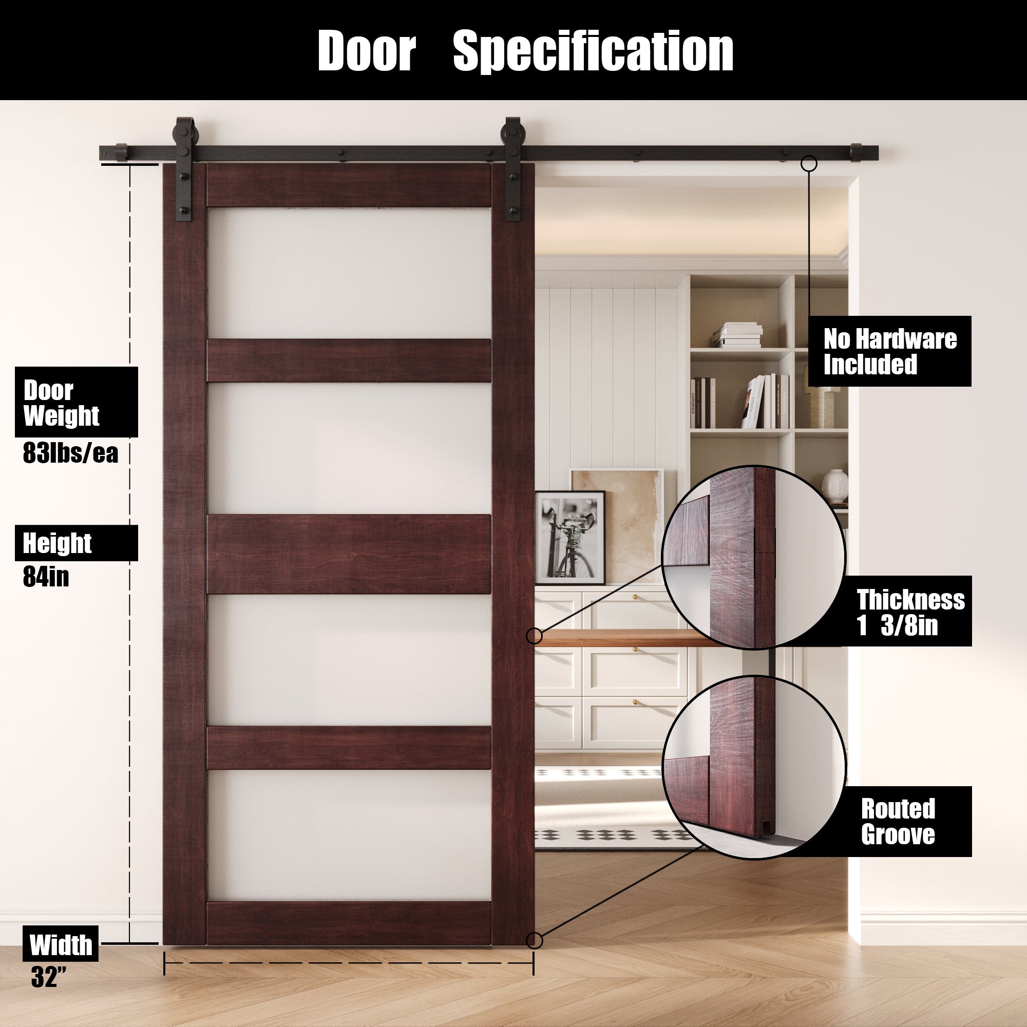 84" Height Red Mahogany 4-Lite Frosted Glass Unassembled & Finished Pine Wood Barn Door (Interior Use Only)