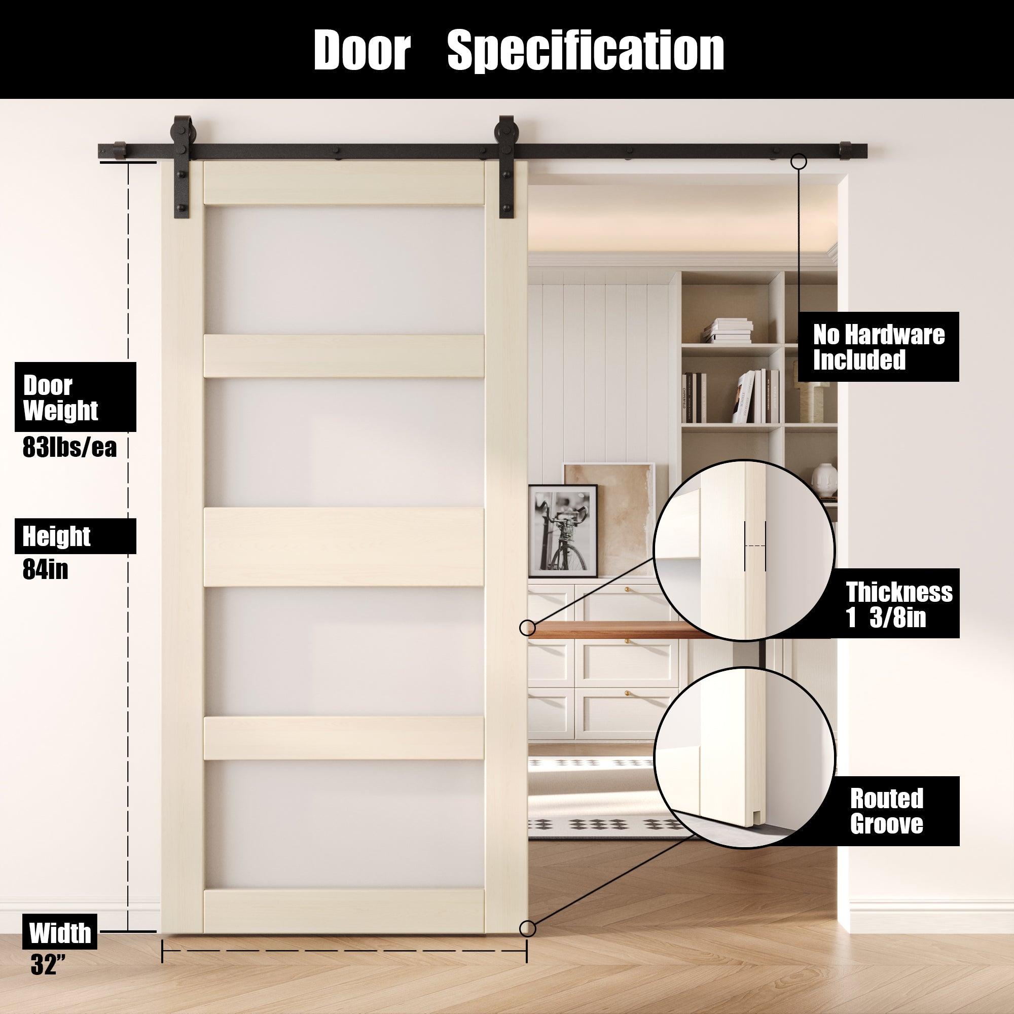 84" Height Tinsmith Gray 4-Lite Frosted Glass Unassembled & Finished Pine Wood Barn Door (Interior Use Only)