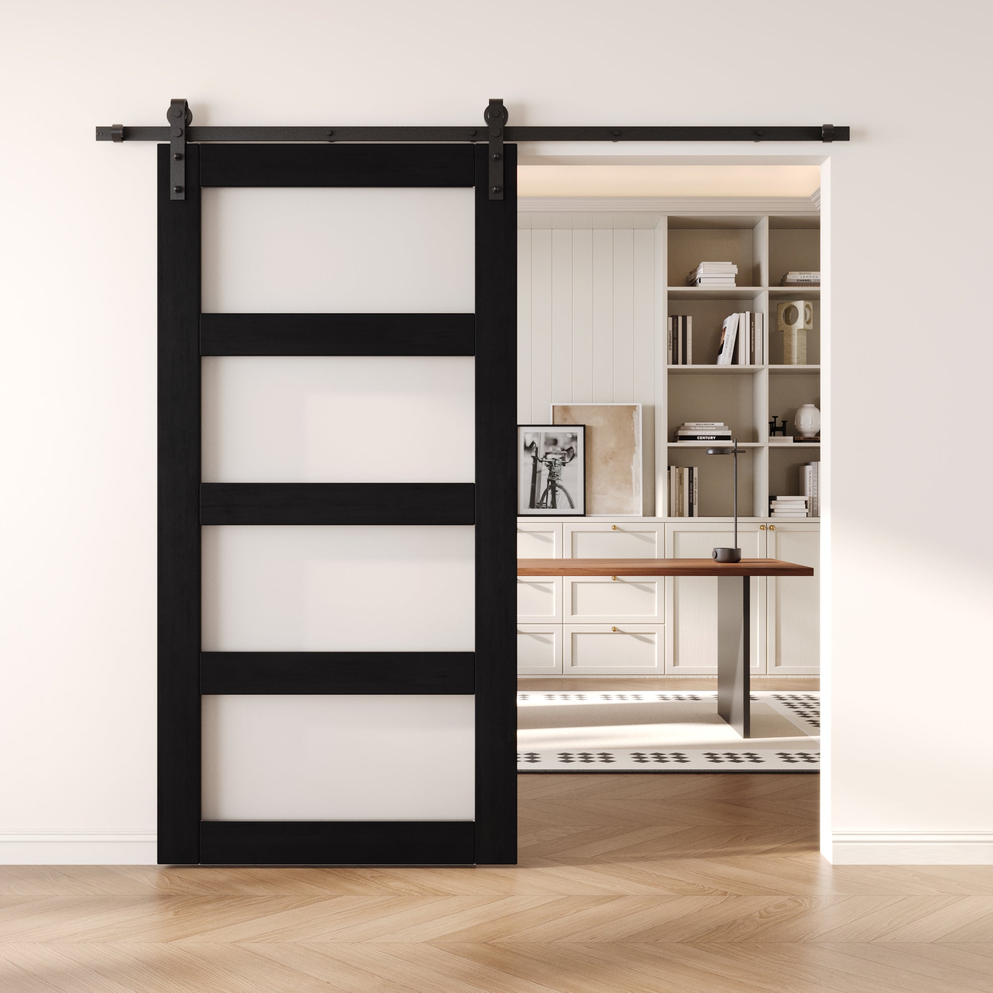 80" Height Black 4-Lite Frosted Glass Unassembled & Finished Pine Wood Barn Door (Interior Use Only)