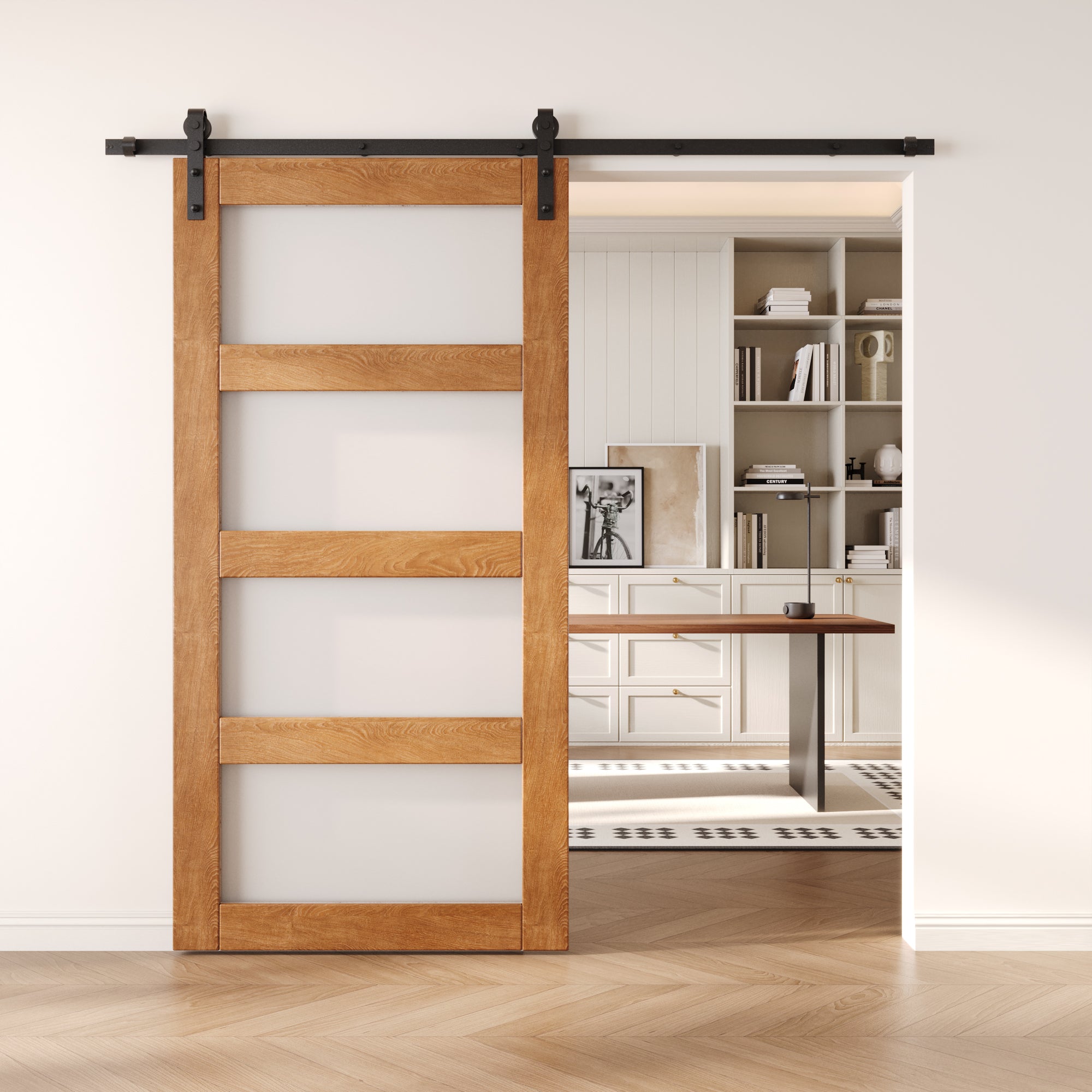 80" Height Early American 4-Lite Frosted Glass Unassembled & Finished Pine Wood Barn Door (Interior Use Only)