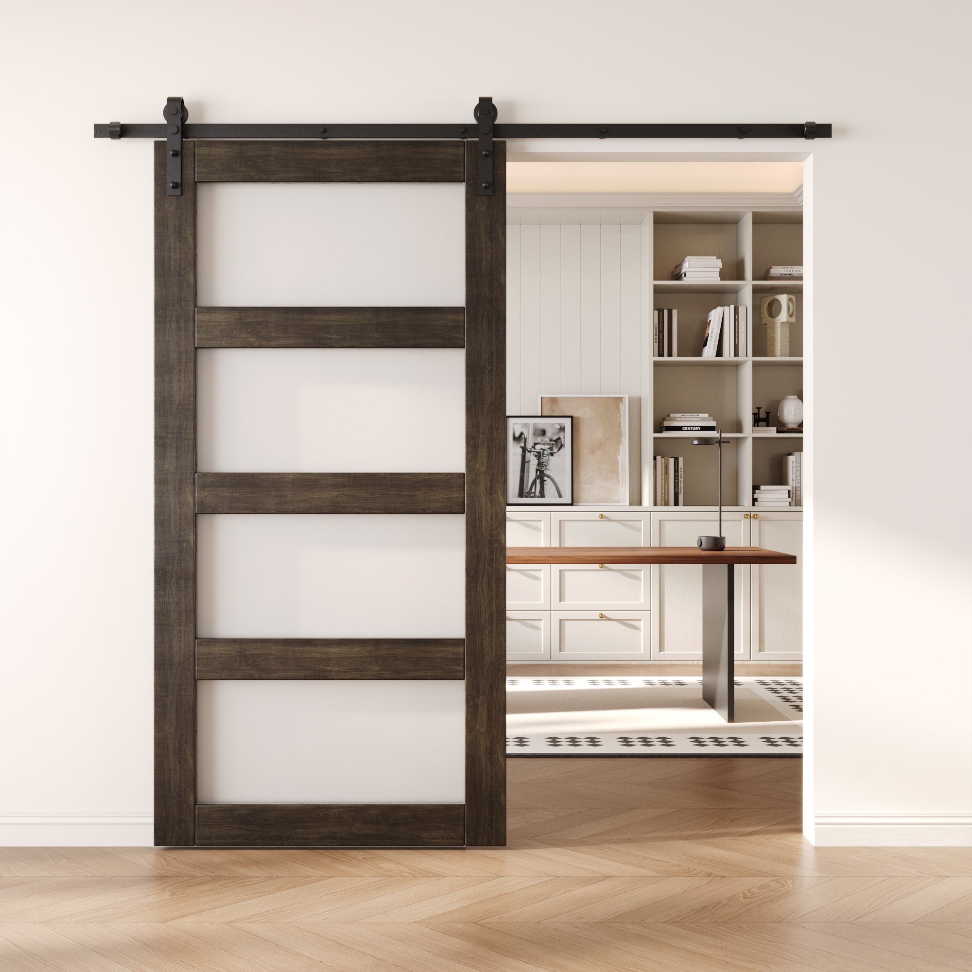 80" Height Ebony 4-Lite Frosted Glass Unassembled & Finished Pine Wood Barn Door (Interior Use Only)