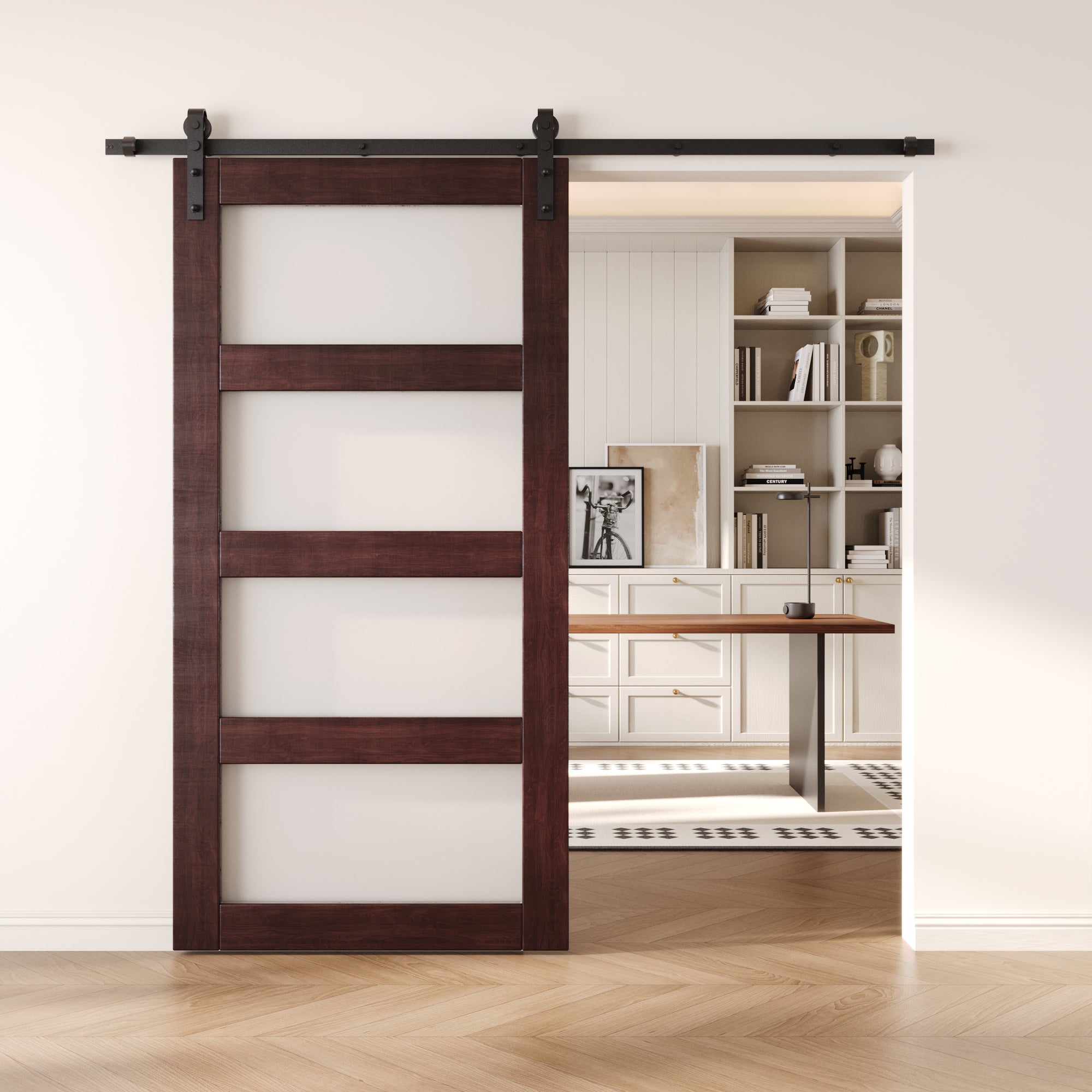 80" Height Red Mahogany 4-Lite Frosted Glass Unassembled & Finished Pine Wood Barn Door (Interior Use Only)