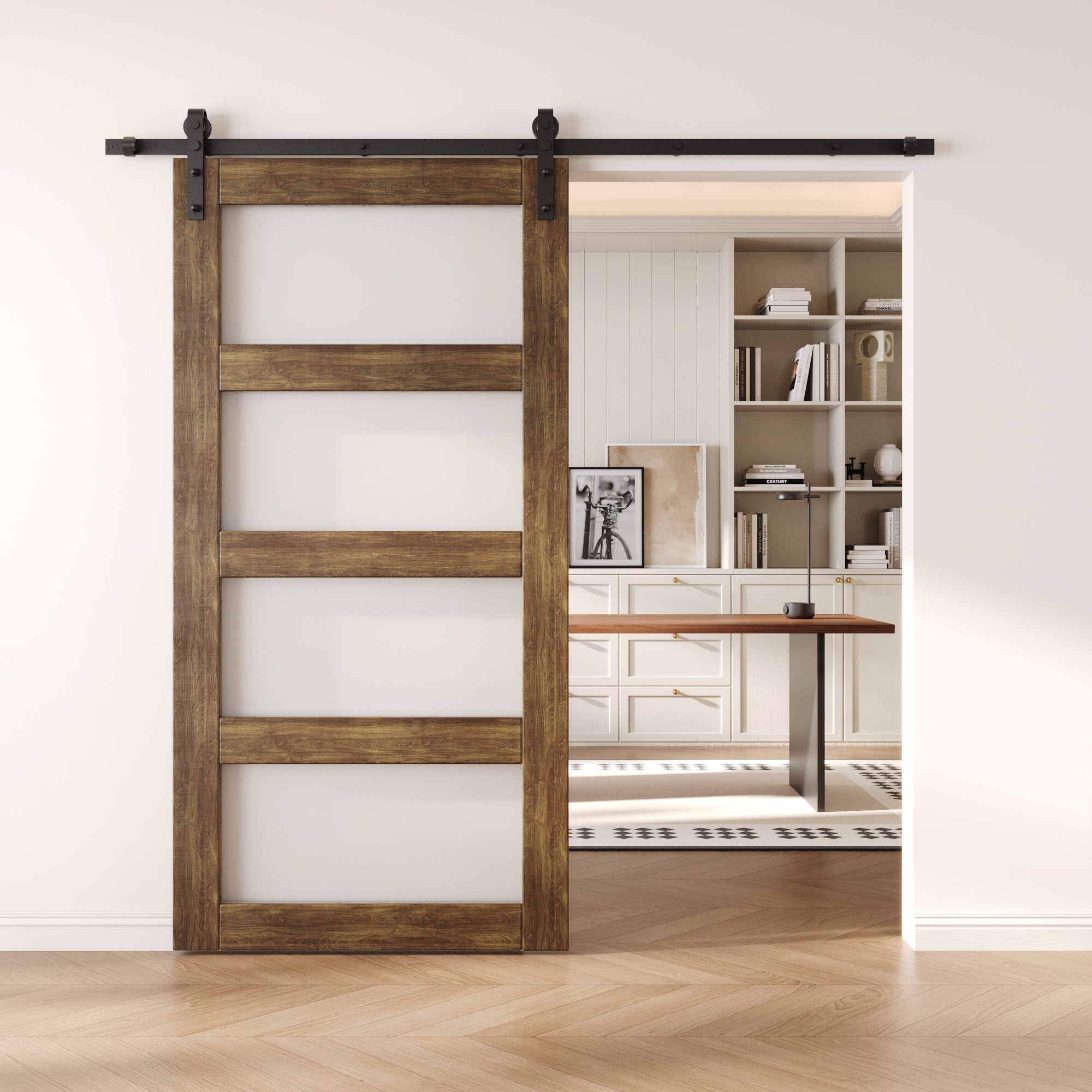 80" Height Dark Walnut 4-Lite Frosted Glass Unassembled & Finished Pine Wood Barn Door (Interior Use Only)