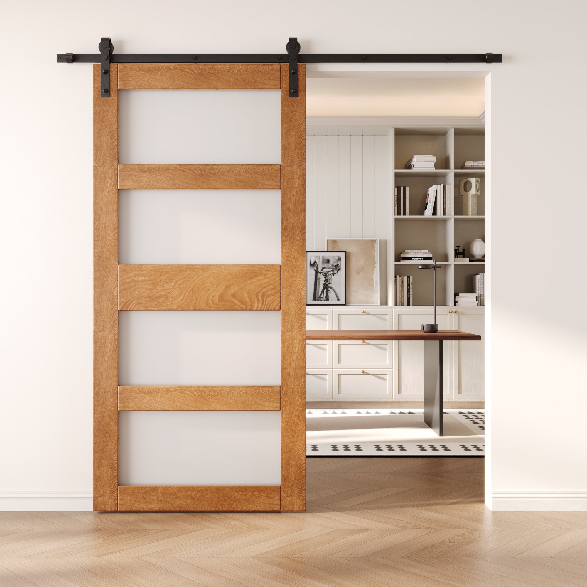 84" Height Early American 4-Lite Frosted Glass Unassembled & Finished Pine Wood Barn Door (Interior Use Only)