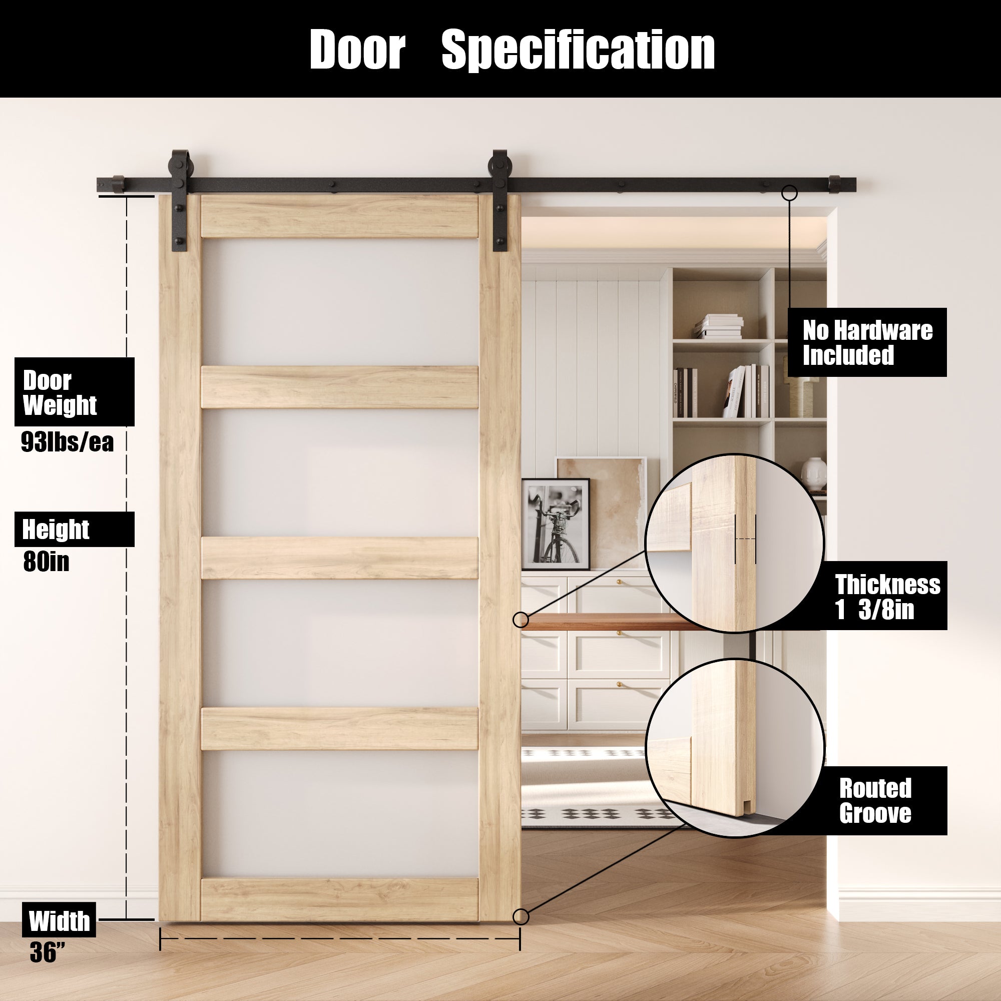 80" Height 4-Lite Frosted Glass Unassembled & Unfinished Pine Wood Barn Door (Interior Use Only)