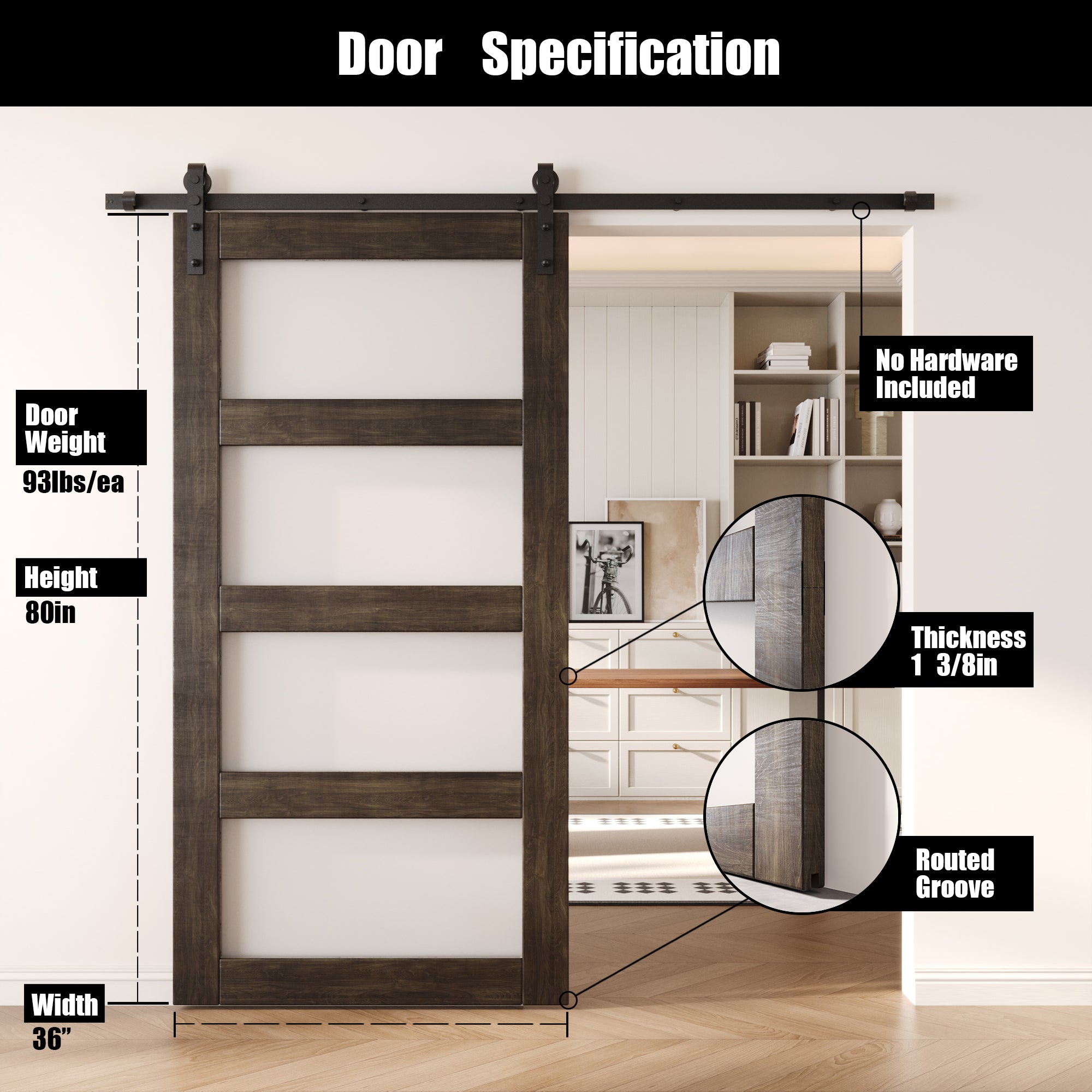 80" Height Ebony 4-Lite Frosted Glass Unassembled & Finished Pine Wood Barn Door (Interior Use Only)