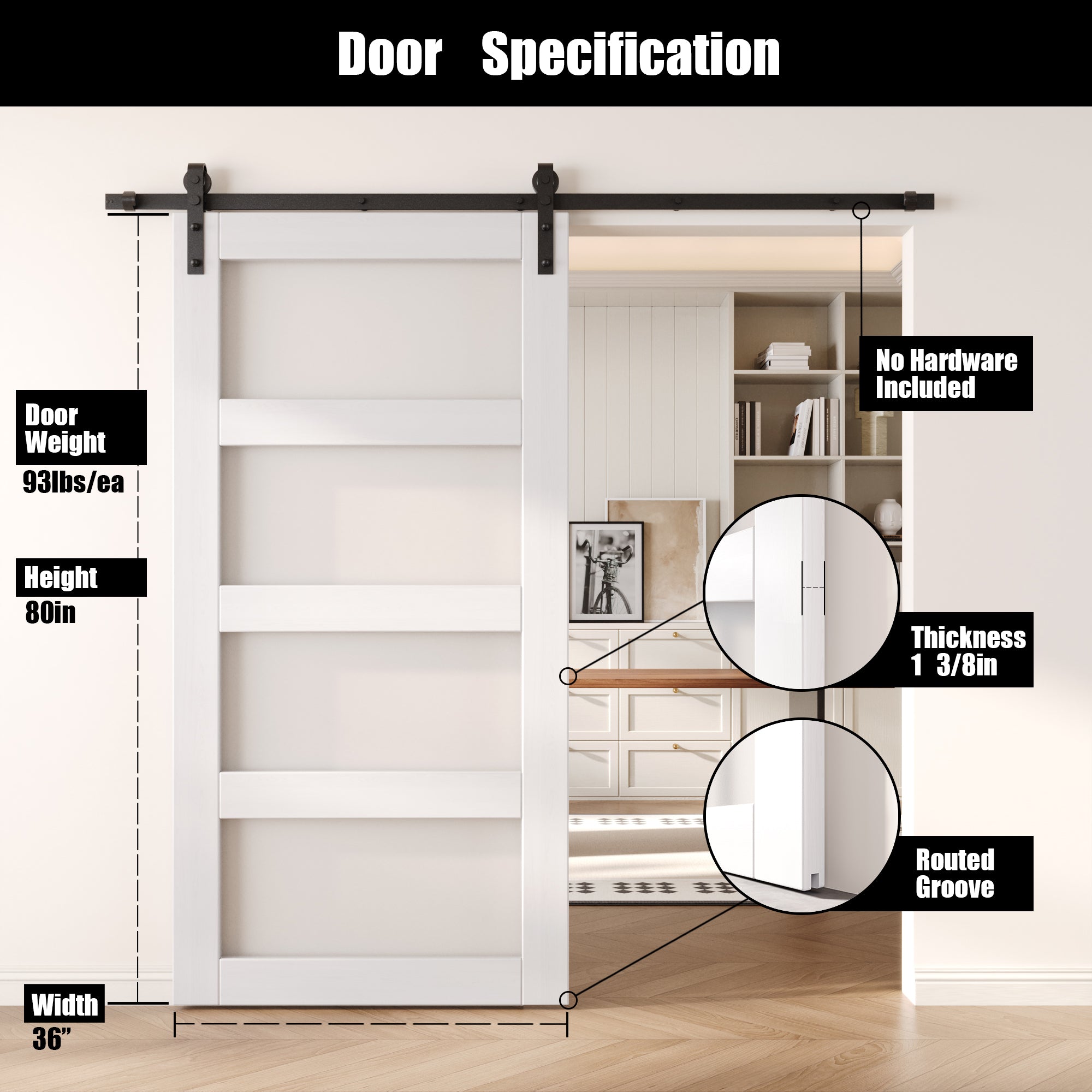 80" Height White 4-Lite Frosted Glass Unassembled & Finished Pine Wood Barn Door (Interior Use Only)