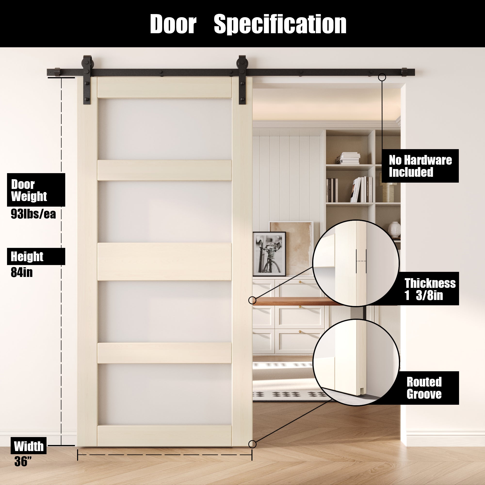 84" Height Tinsmith Gray 4-Lite Frosted Glass Unassembled & Finished Pine Wood Barn Door (Interior Use Only)