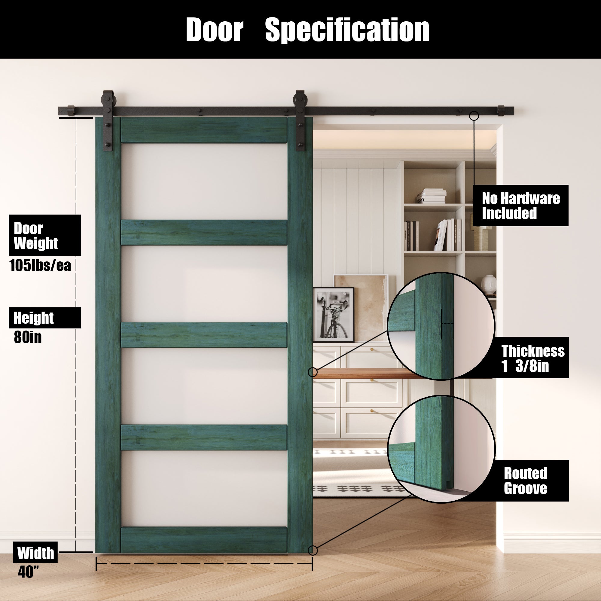 80" Height Royal Pine 4-Lite Frosted Glass Unassembled & Finished Pine Wood Barn Door (Interior Use Only)