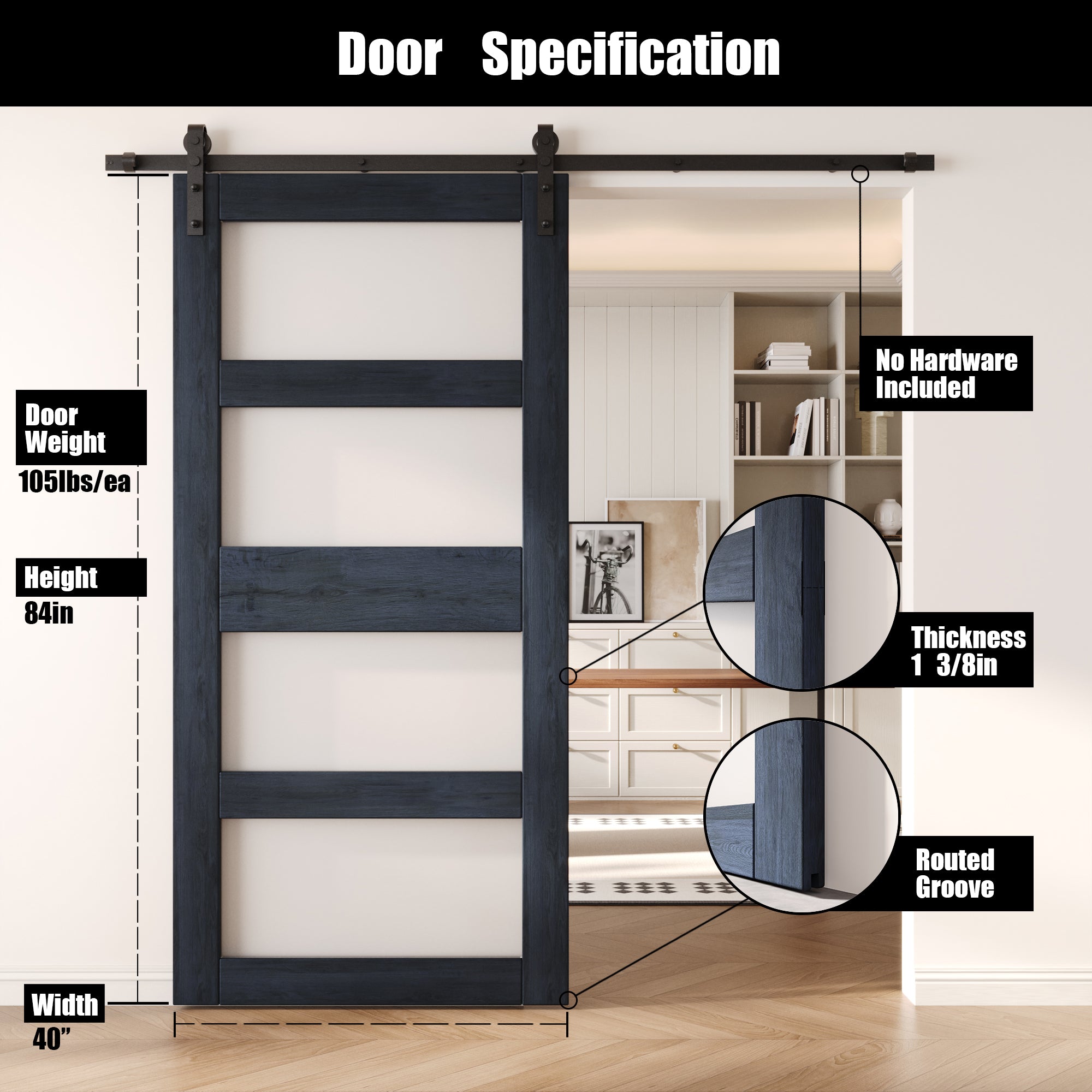 84" Height Navy 4-Lite Frosted Glass Unassembled & Finished Pine Wood Barn Door (Interior Use Only)