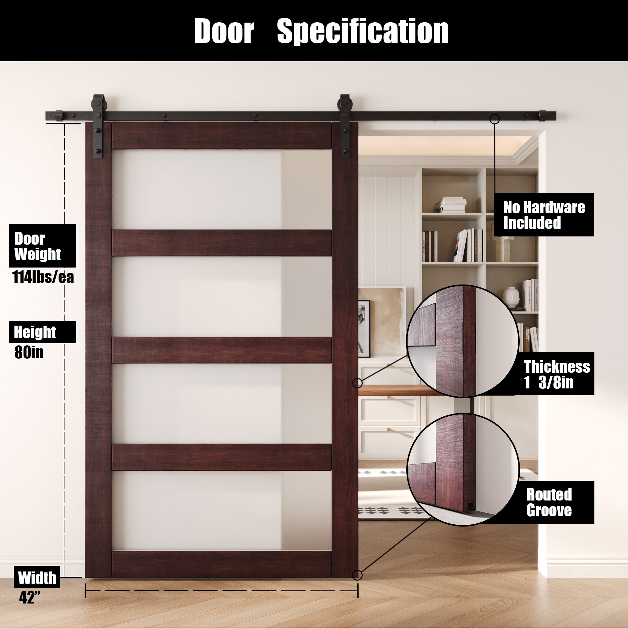80" Height Red Mahogany 4-Lite Frosted Glass Unassembled & Finished Pine Wood Barn Door (Interior Use Only)