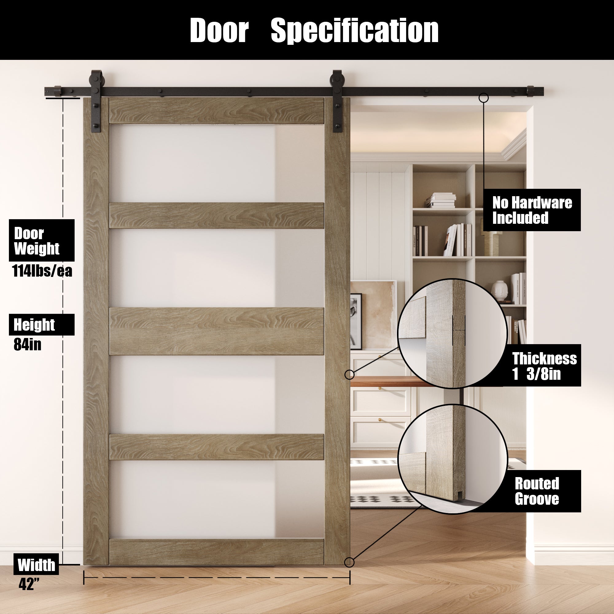 84" Height Classic Gray 4-Lite Frosted Glass Unassembled & Finished Pine Wood Barn Door (Interior Use Only)