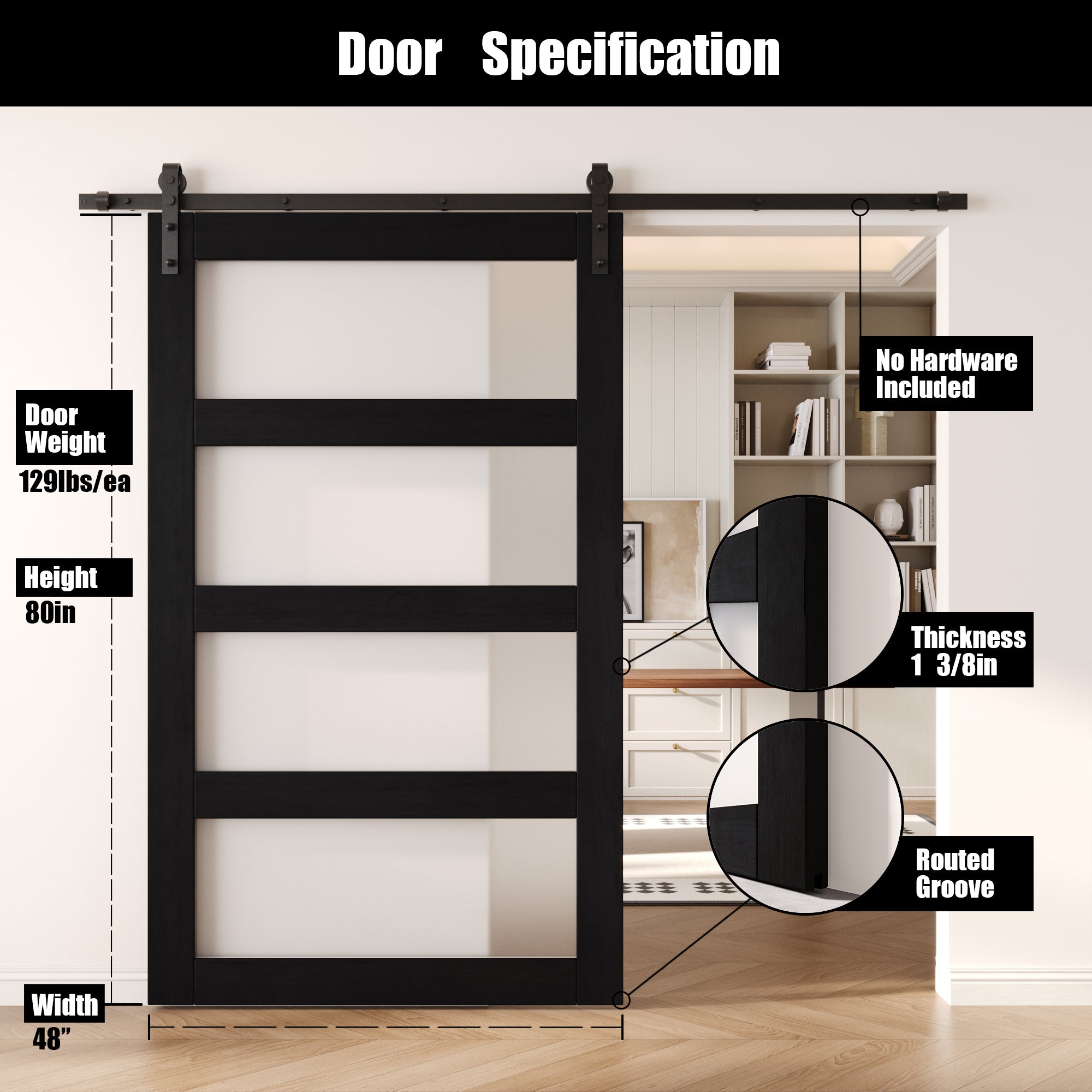 80" Height Black 4-Lite Frosted Glass Unassembled & Finished Pine Wood Barn Door (Interior Use Only)