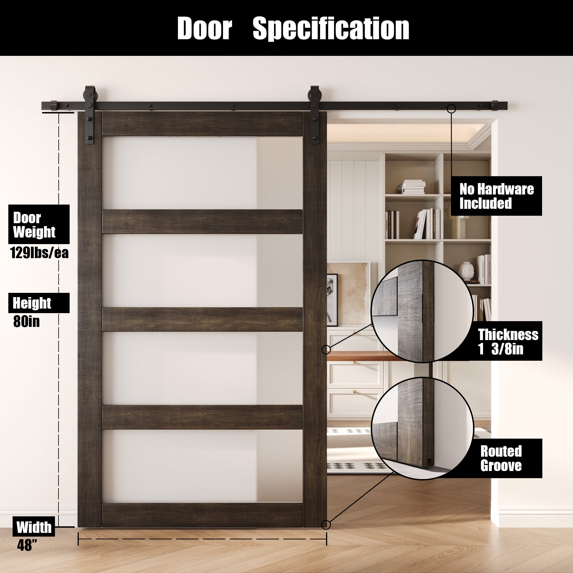 80" Height Ebony 4-Lite Frosted Glass Unassembled & Finished Pine Wood Barn Door (Interior Use Only)