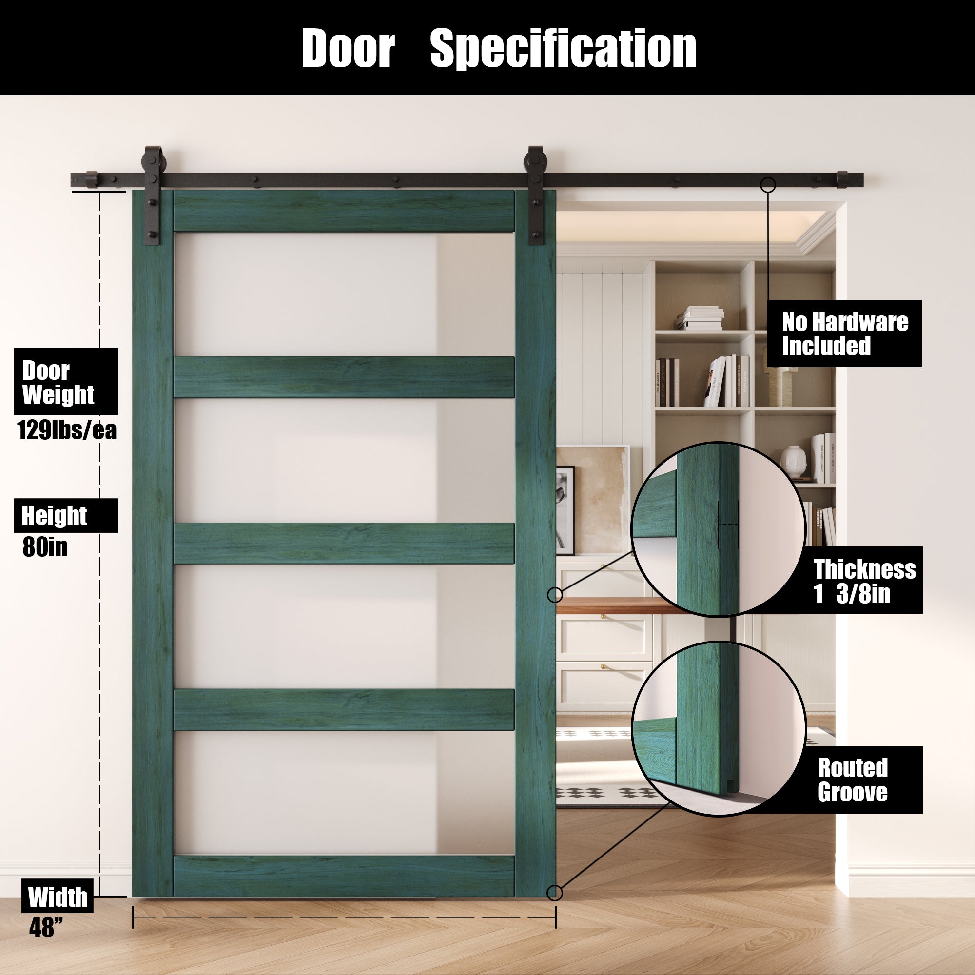 80" Height Royal Pine 4-Lite Frosted Glass Unassembled & Finished Pine Wood Barn Door (Interior Use Only)