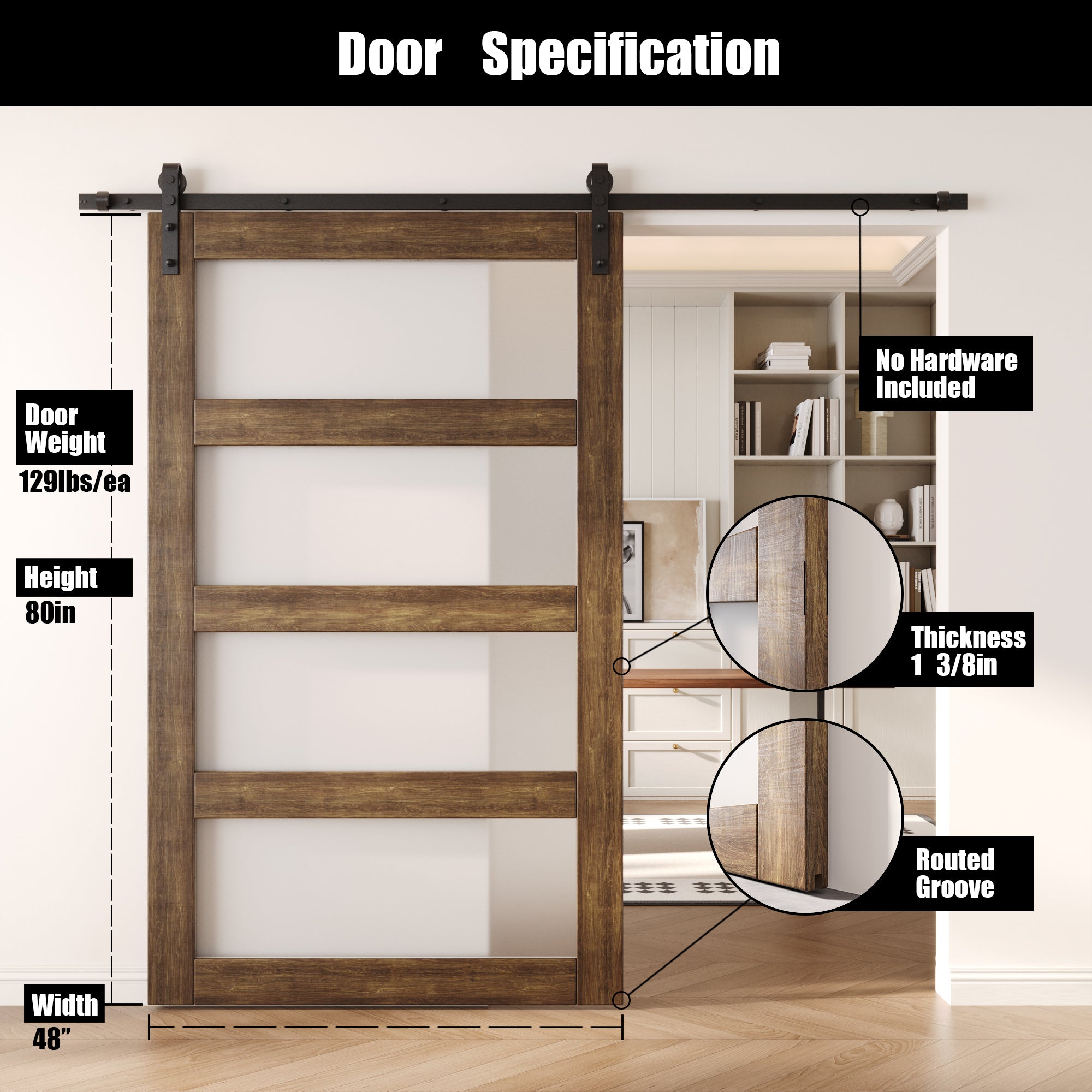 80" Height Dark Walnut 4-Lite Frosted Glass Unassembled & Finished Pine Wood Barn Door (Interior Use Only)