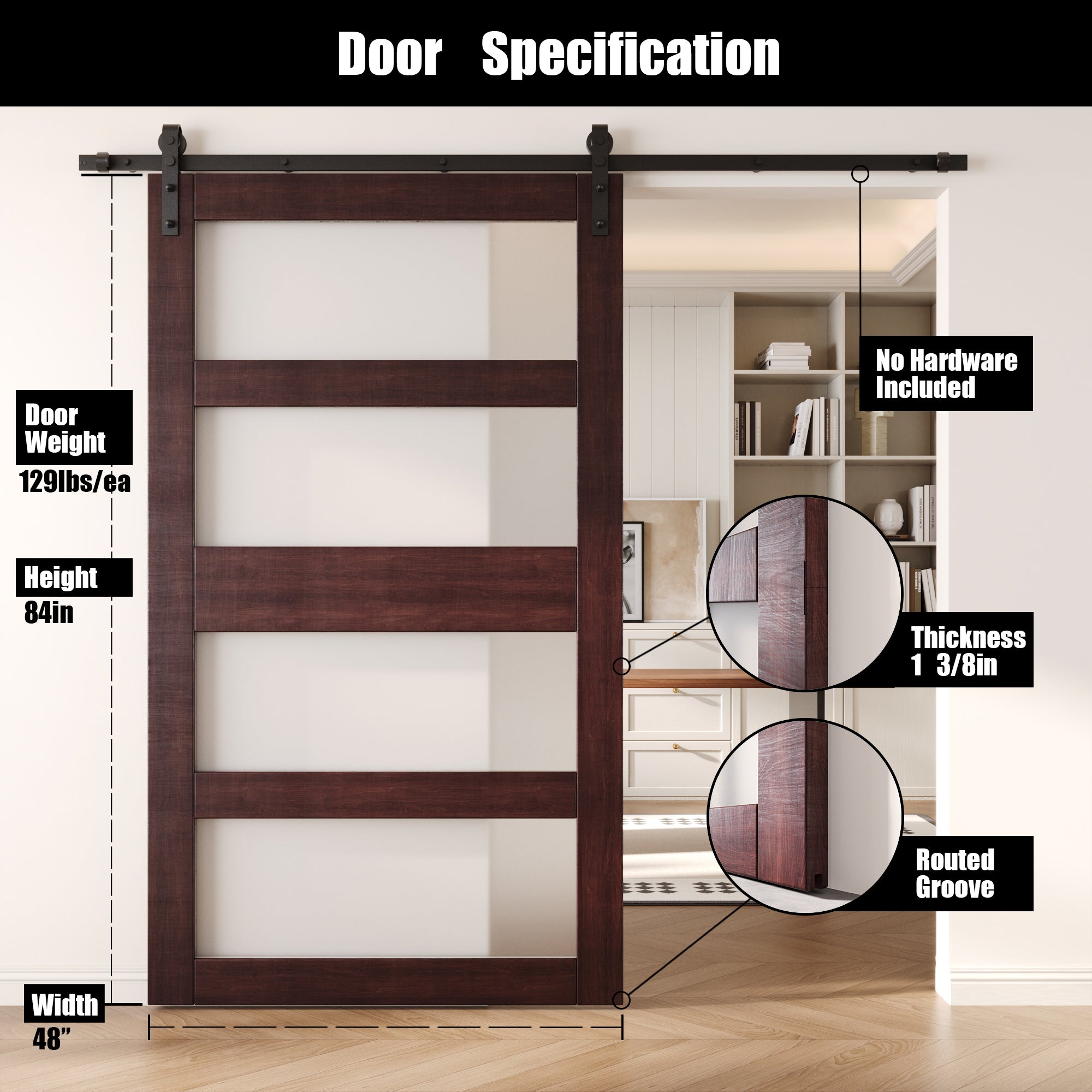 84" Height Red Mahogany 4-Lite Frosted Glass Unassembled & Finished Pine Wood Barn Door (Interior Use Only)