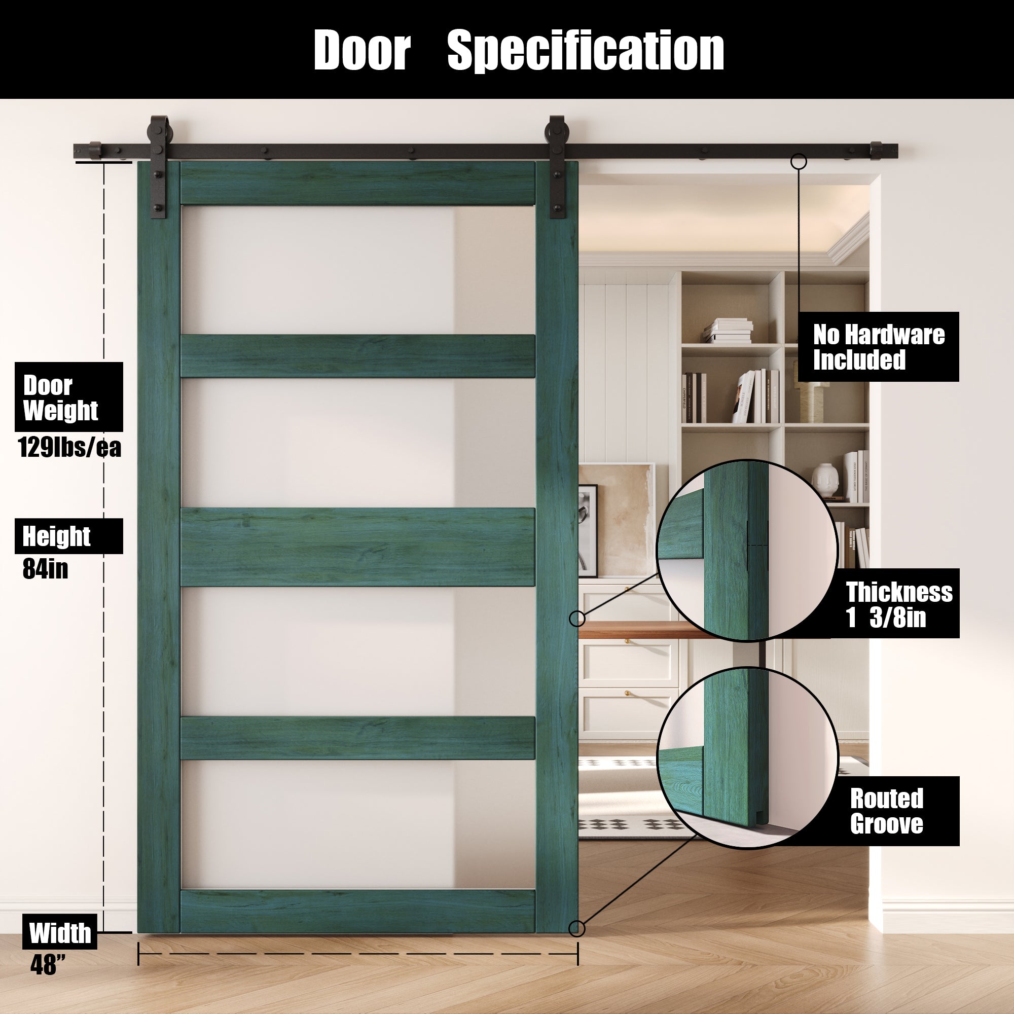 84" Height Royal Pine 4-Lite Frosted Glass Unassembled & Finished Pine Wood Barn Door (Interior Use Only)