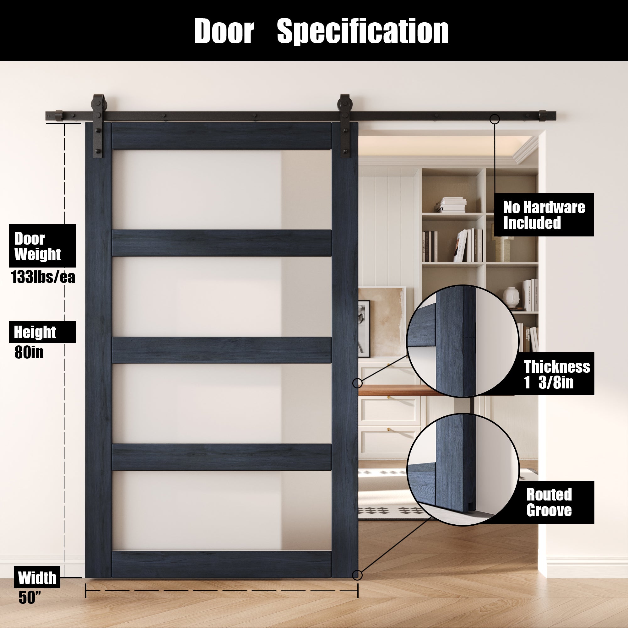 80" Height Navy 4-Lite Frosted Glass Unassembled & Finished Pine Wood Barn Door (Interior Use Only)
