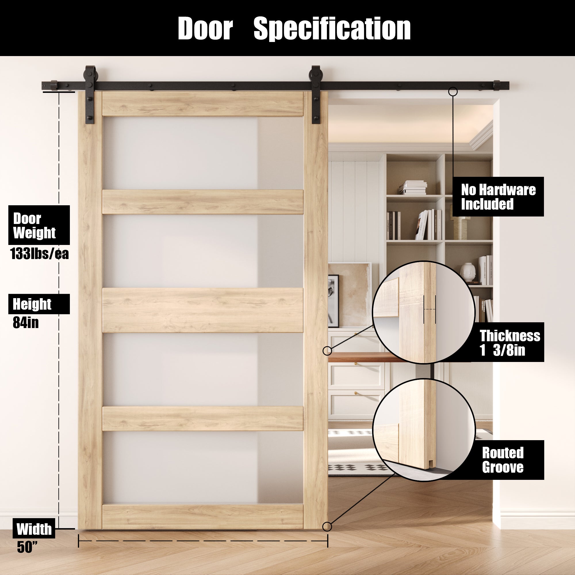 84" Height 4-Lite Frosted Glass Unassembled & Unfinished Pine Wood Barn Door (Interior Use Only)