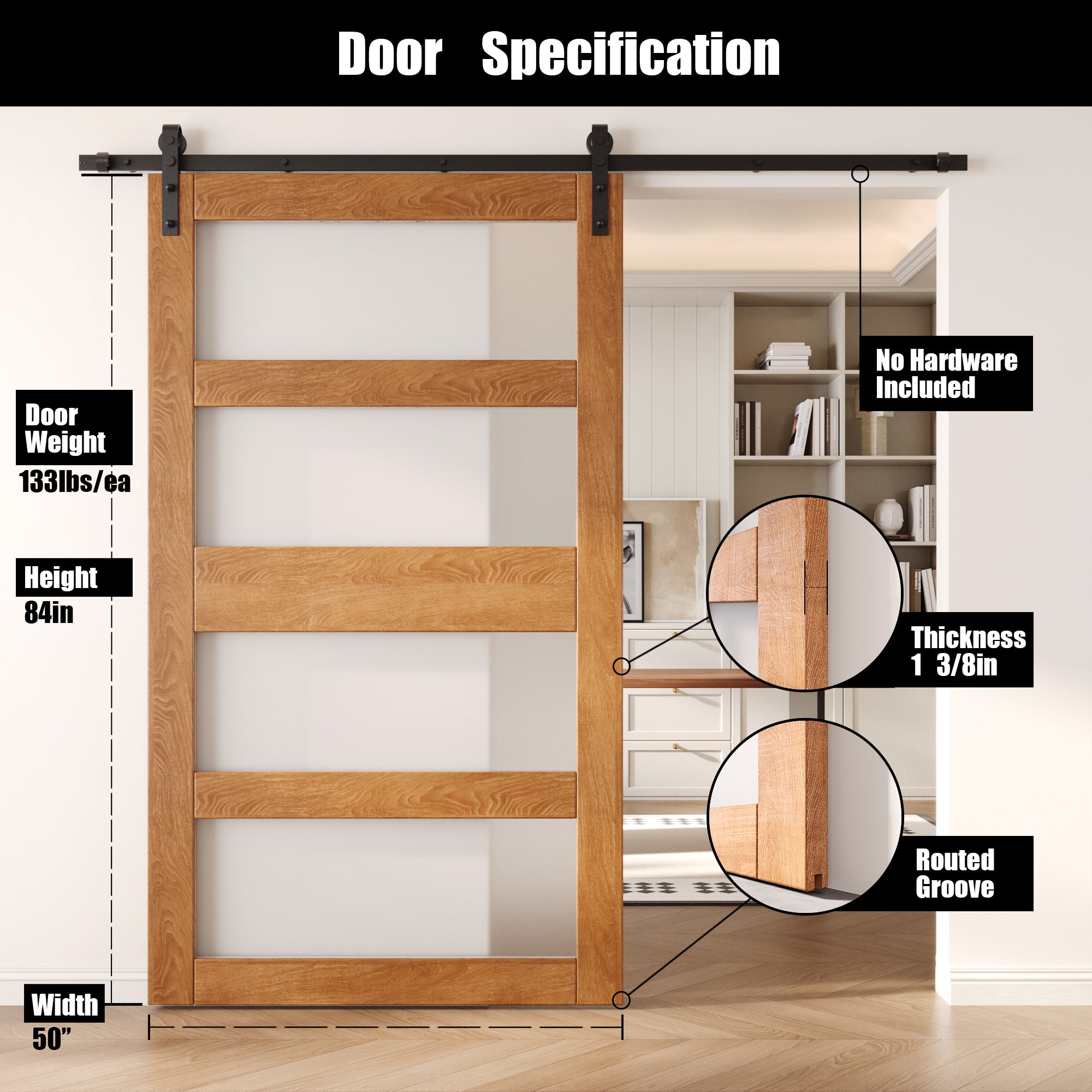 84" Height Early American 4-Lite Frosted Glass Unassembled & Finished Pine Wood Barn Door (Interior Use Only)