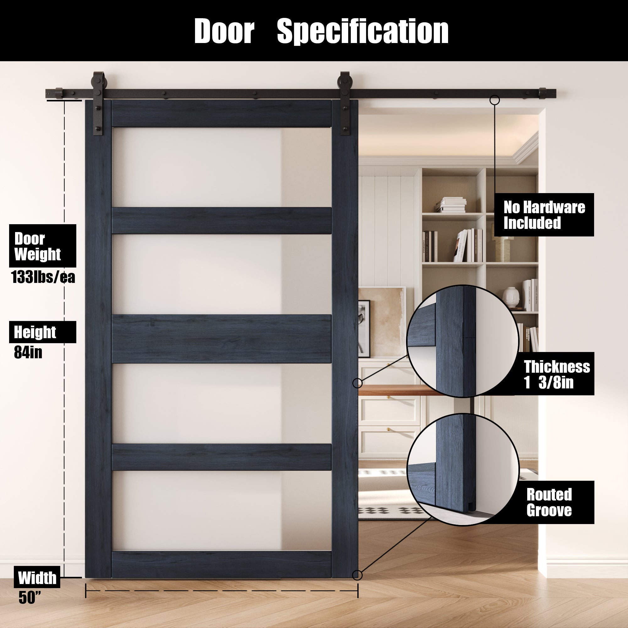 84" Height Navy 4-Lite Frosted Glass Unassembled & Finished Pine Wood Barn Door (Interior Use Only)