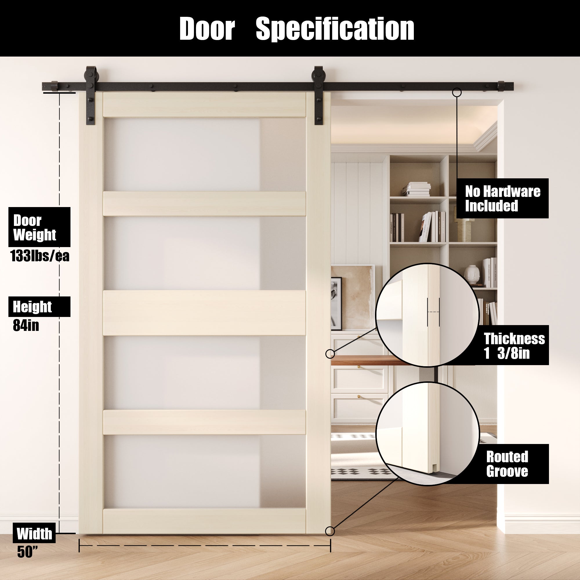 84" Height Tinsmith Gray 4-Lite Frosted Glass Unassembled & Finished Pine Wood Barn Door (Interior Use Only)
