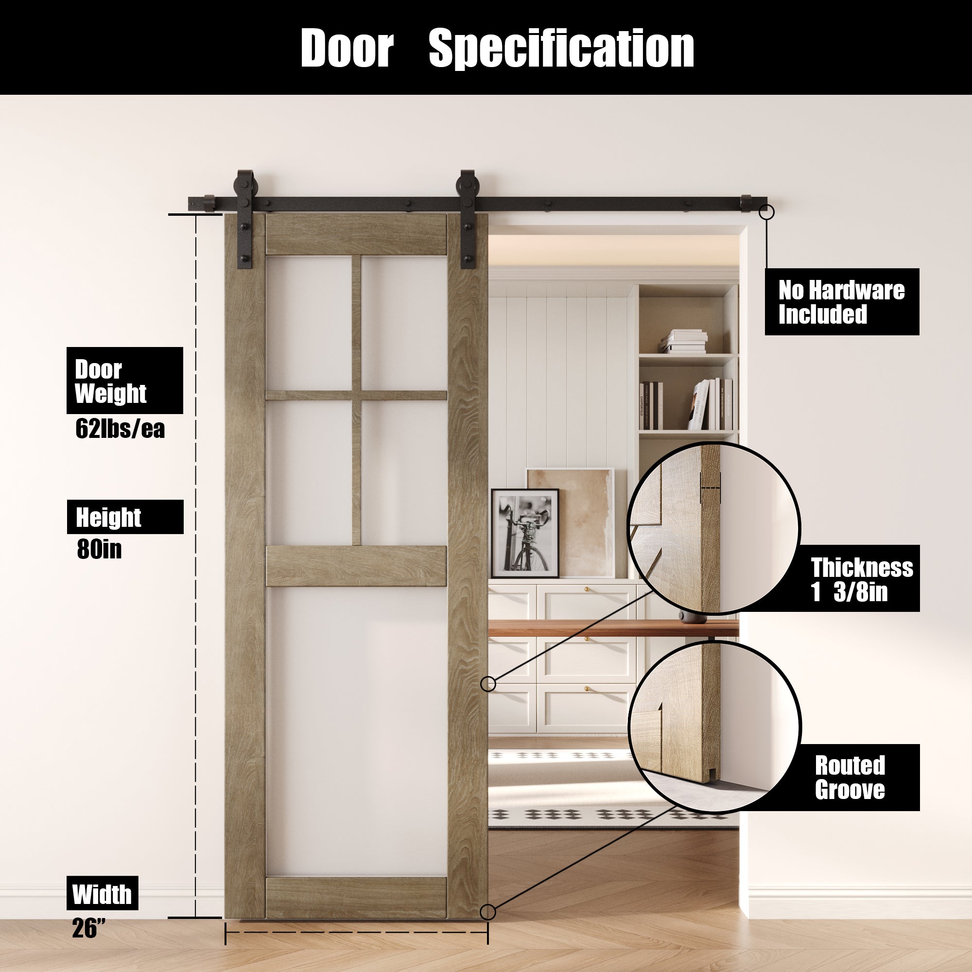 80" Height Classic Gray 5-Lite Frosted Glass Unassembled & Finished Pine Wood Barn Door (Interior Use Only)