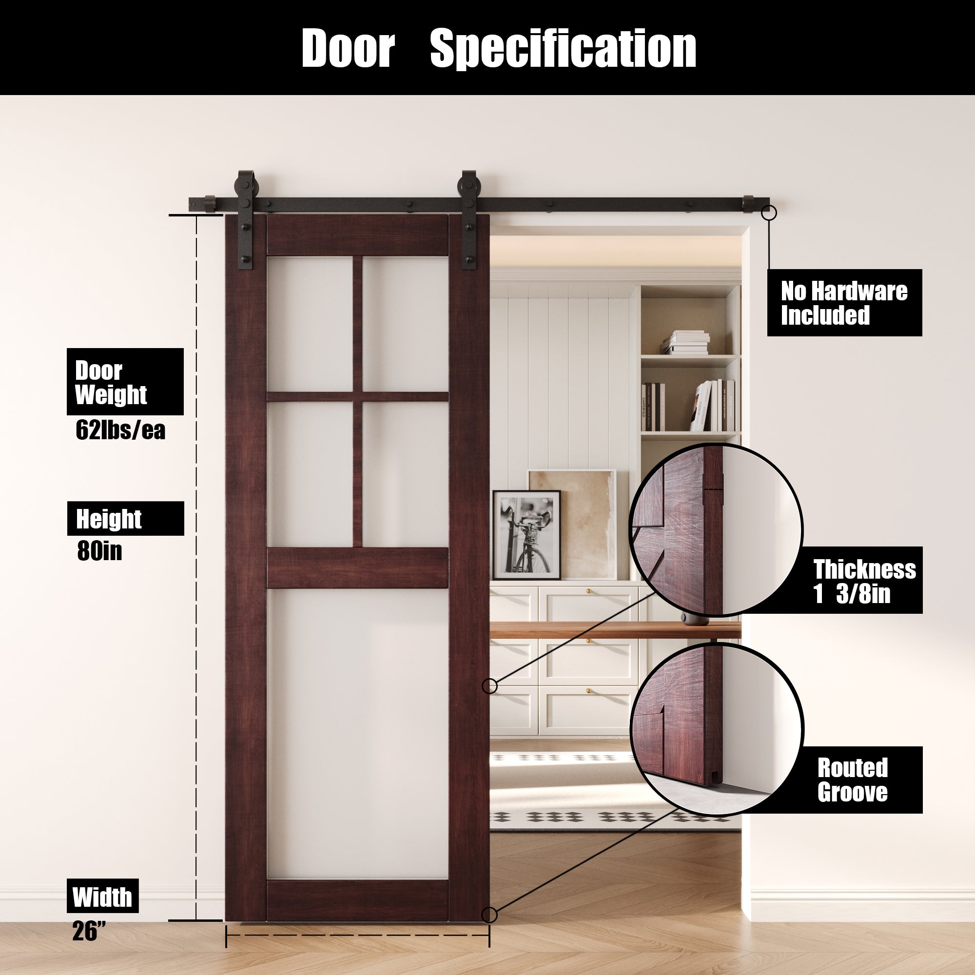80" Height Red Mahogany 5-Lite Frosted Glass Unassembled & Finished Pine Wood Barn Door (Interior Use Only)