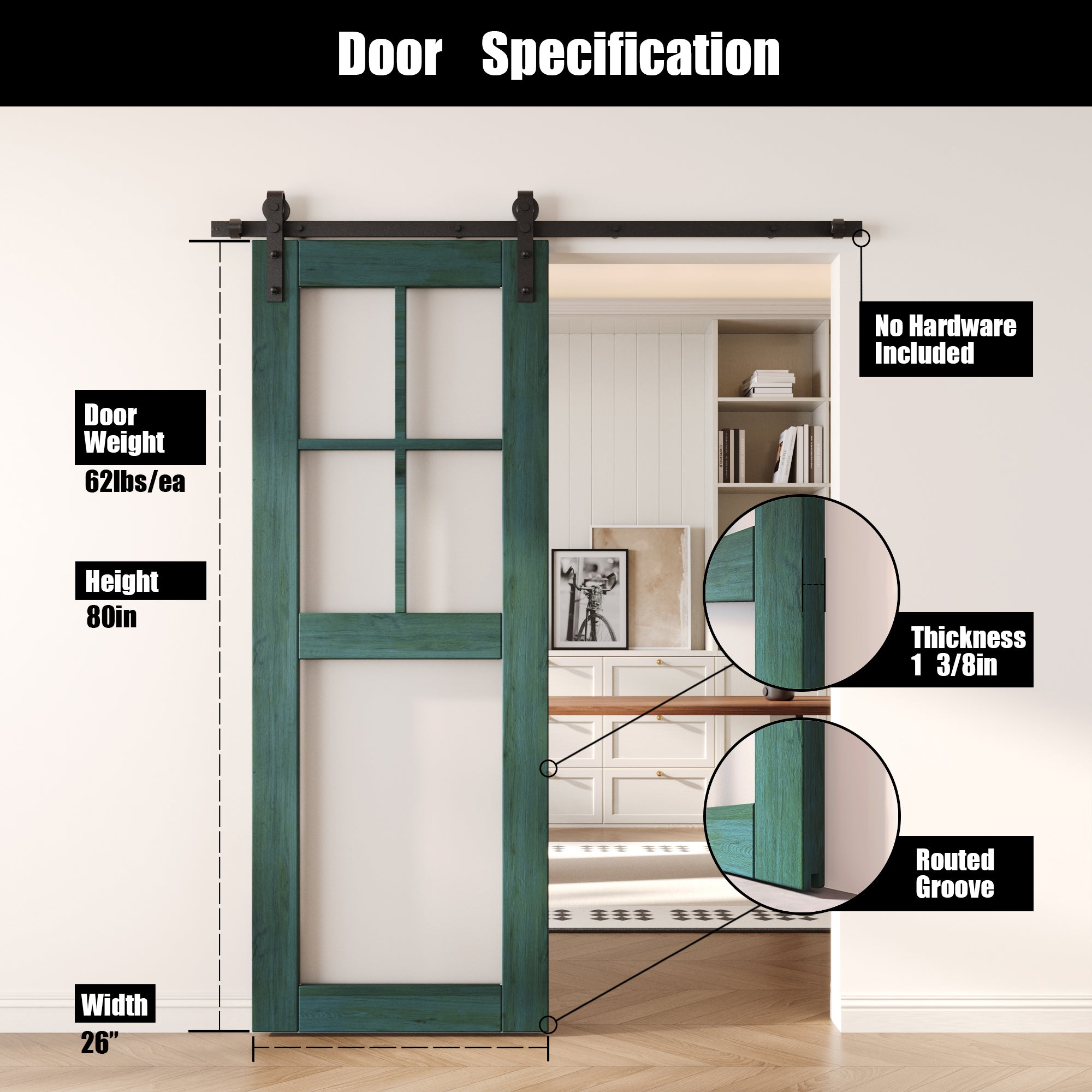 80" Height Royal Pine 5-Lite Frosted Glass Unassembled & Finished Pine Wood Barn Door (Interior Use Only)