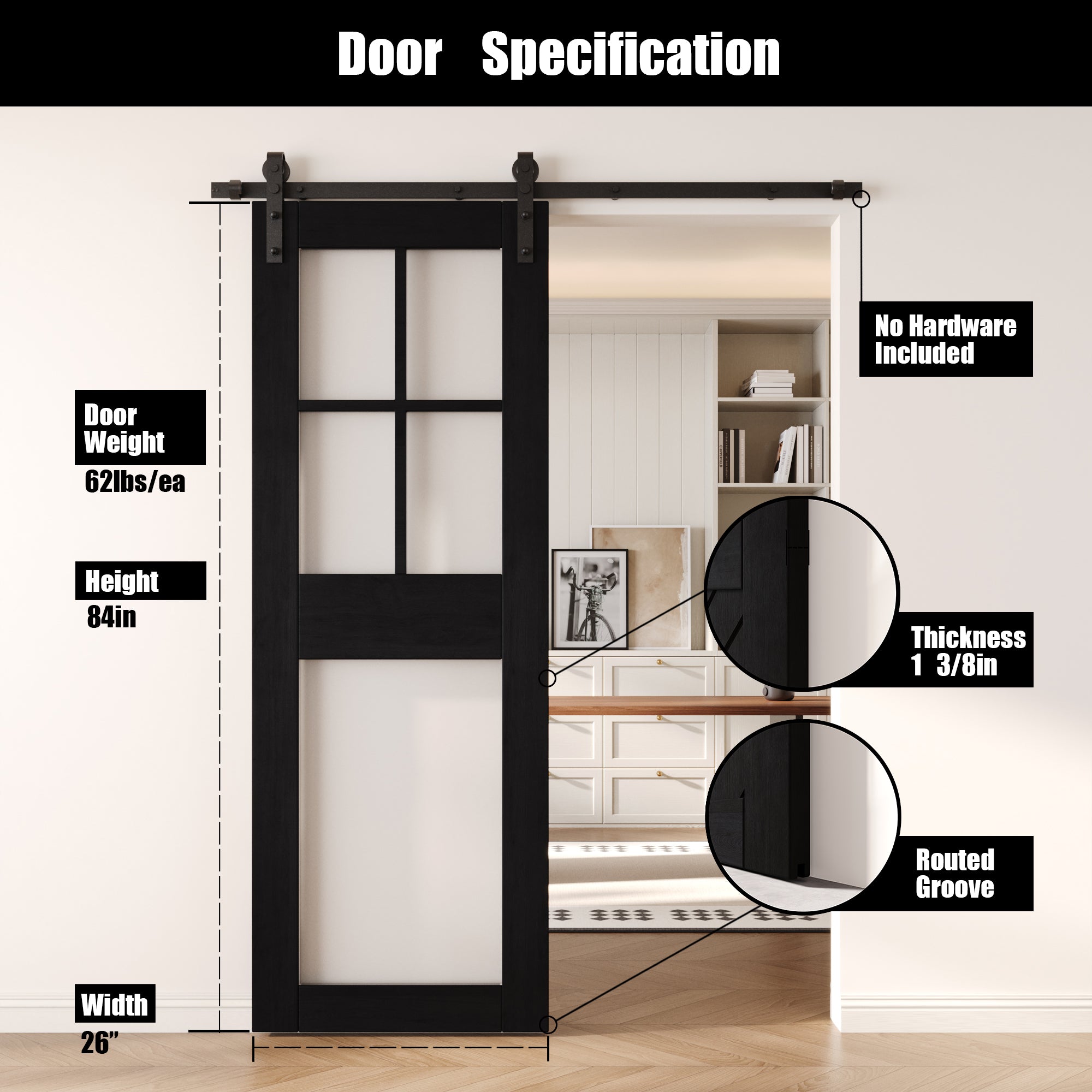 84" Height Black 5-Lite Frosted Glass Unassembled & Finished Pine Wood Barn Door (Interior Use Only)