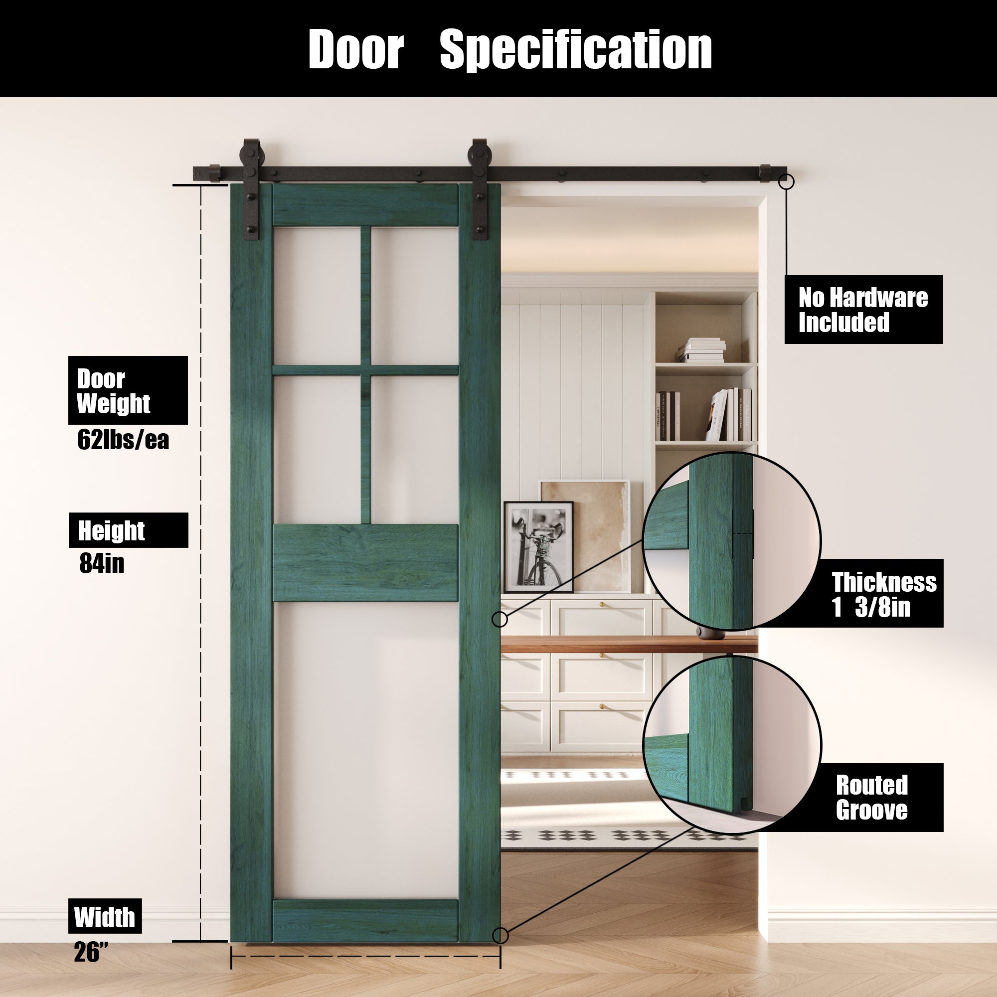 84" Height Royal Pine 5-Lite Frosted Glass Unassembled & Finished Pine Wood Barn Door (Interior Use Only)