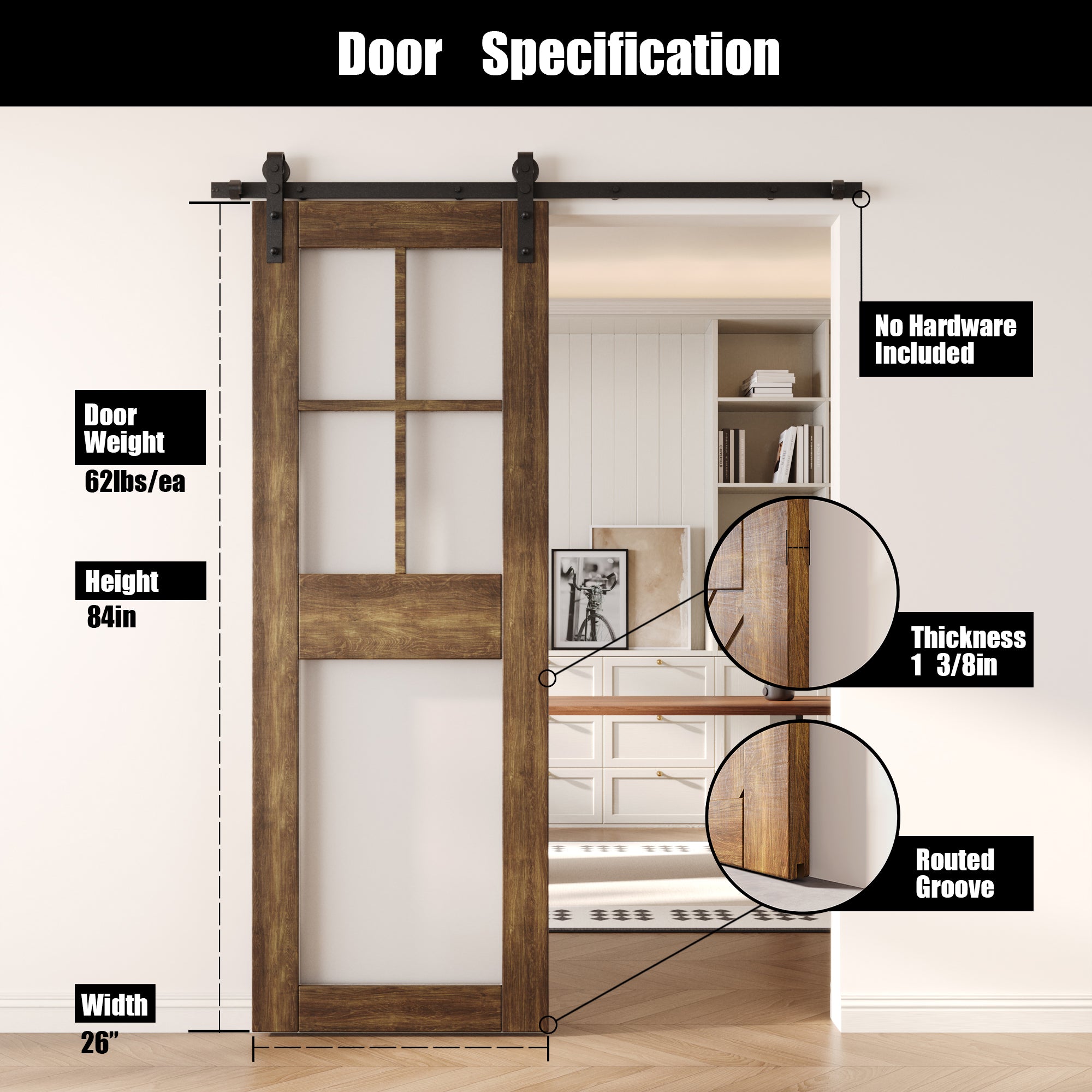 84" Height Dark Walnut 5-Lite Frosted Glass Unassembled & Finished Pine Wood Barn Door (Interior Use Only)
